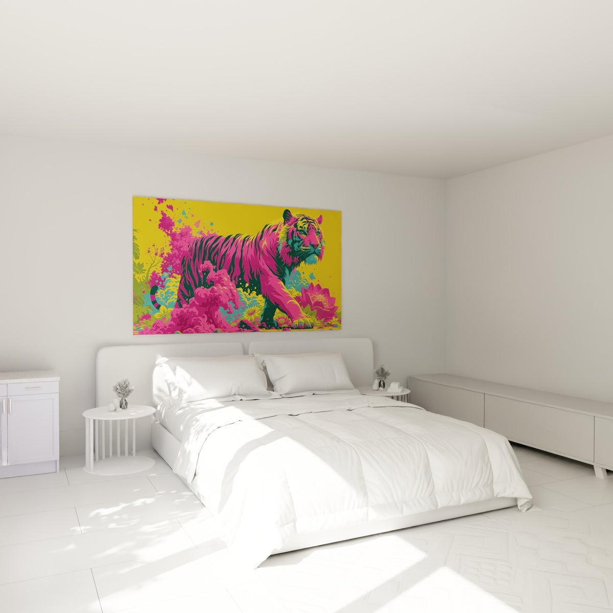 Fauve rose et turquoise émergeant d'un nuage floral, accroché au-dessus d'un lit dans une chambre claire