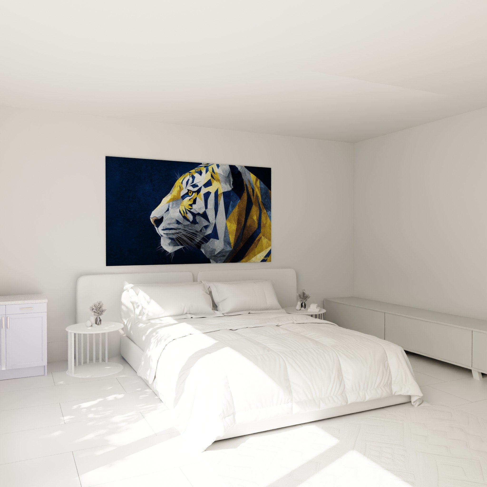 Tableau tigre geometrique dore bleu dans chambre moderne decoration murale contemporaine