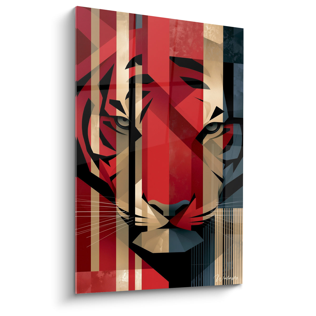 Tigre géométrique aux bandes rouges et anthracite, regard perçant, style graphique tranché