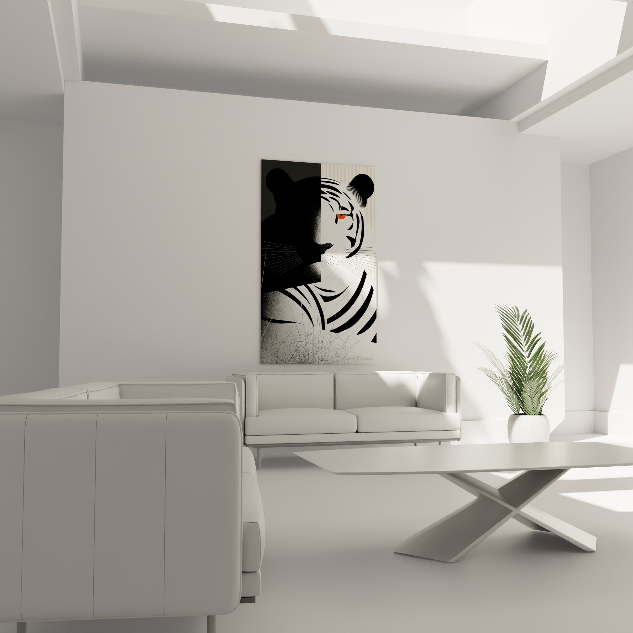 Portrait stylisé du tigre en noir anthracite et blanc crème, au-dessus d'un canapé dans un salon lumineux