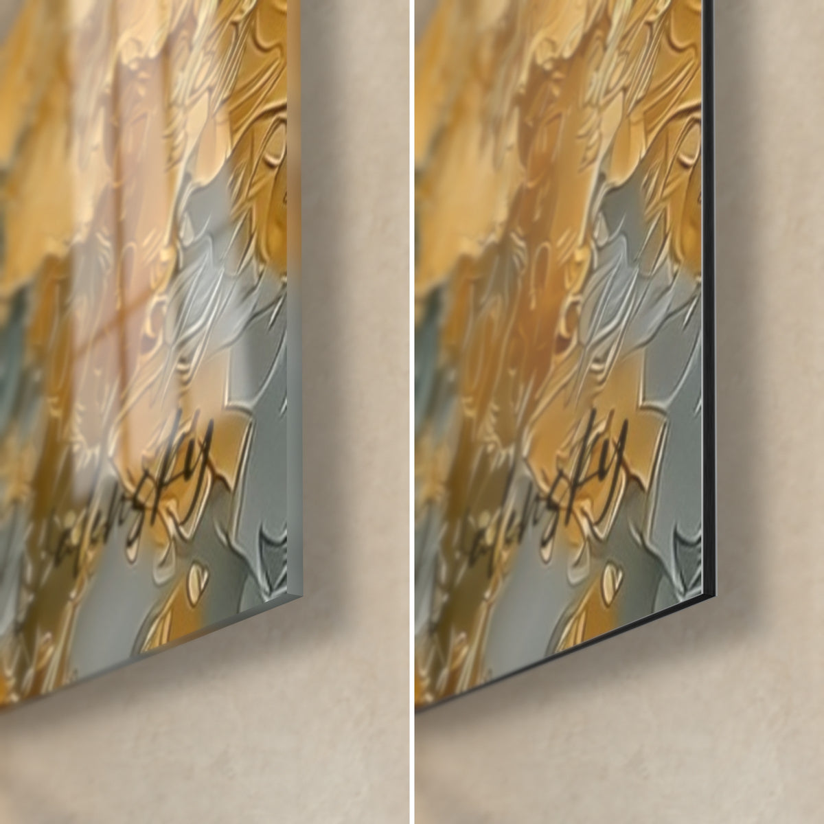 Tableau tigre doré, coin bas droit : verre acrylique brillant reflets ambre, alu Dibond mat gris, tranche noire de 3 mm