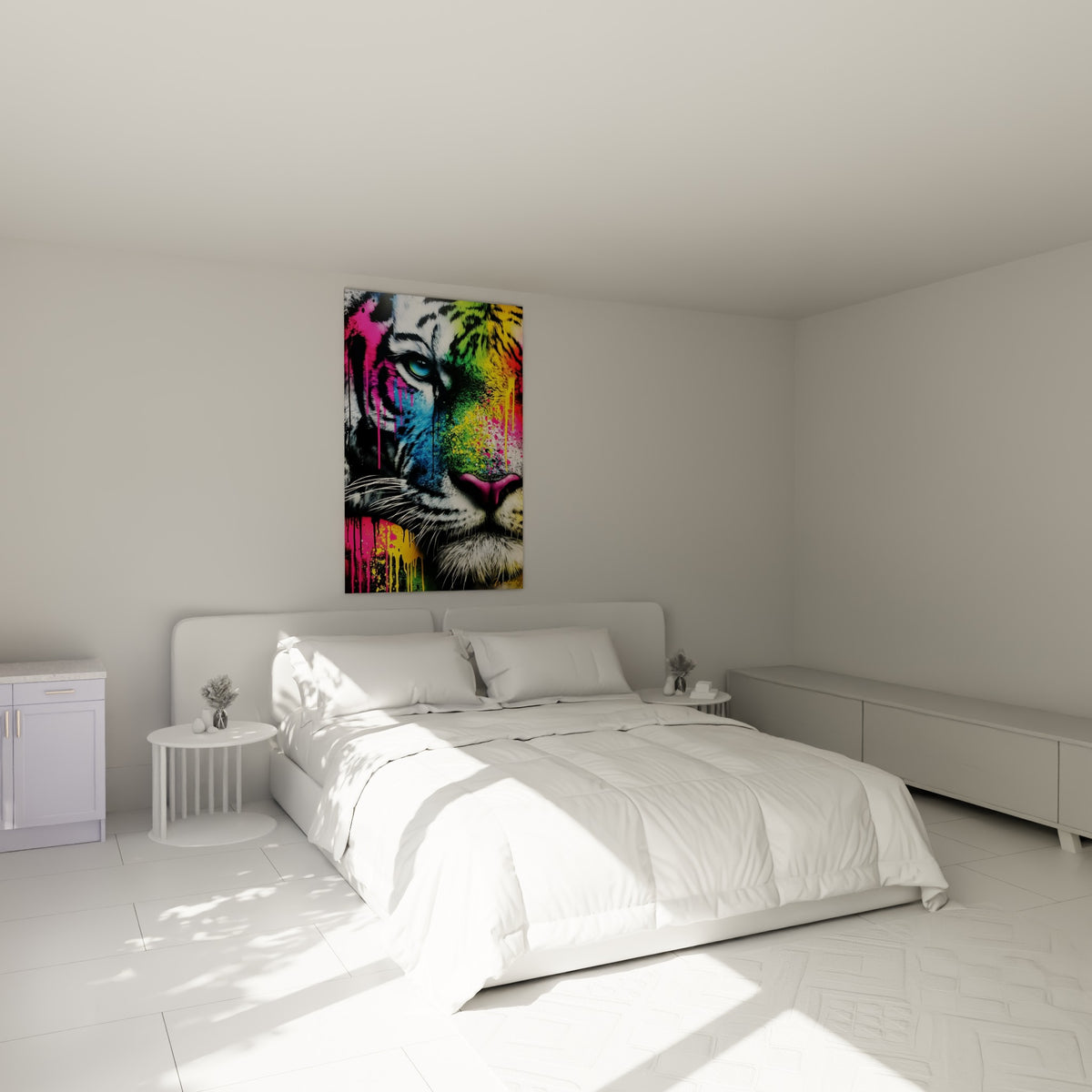 Museau de tigre coloré en rose et bleu accroché au-dessus d'un lit dans une chambre claire