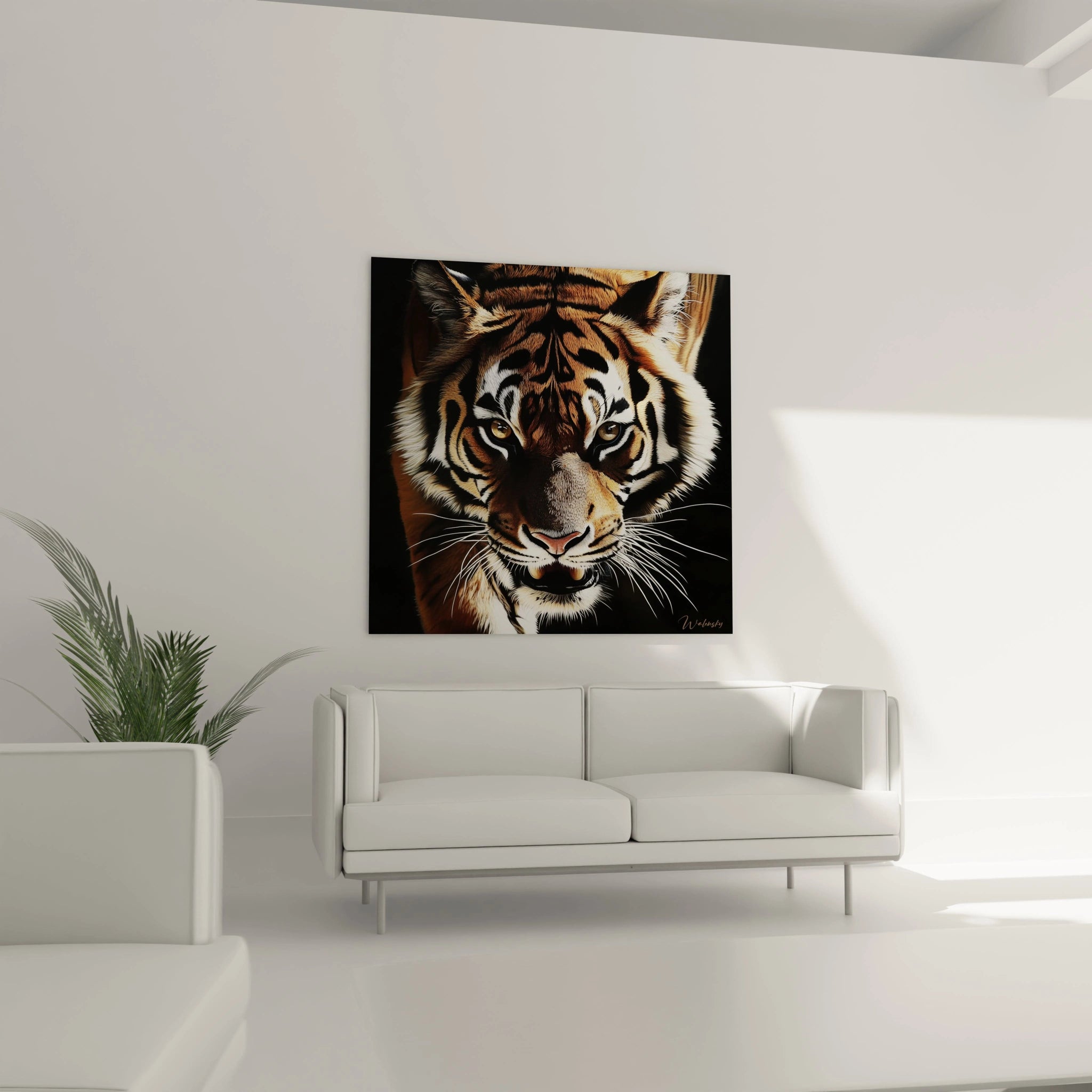 Tableau tigre Walensky accroché au mur dans un salon moderne avec canapé blanc et plante verte