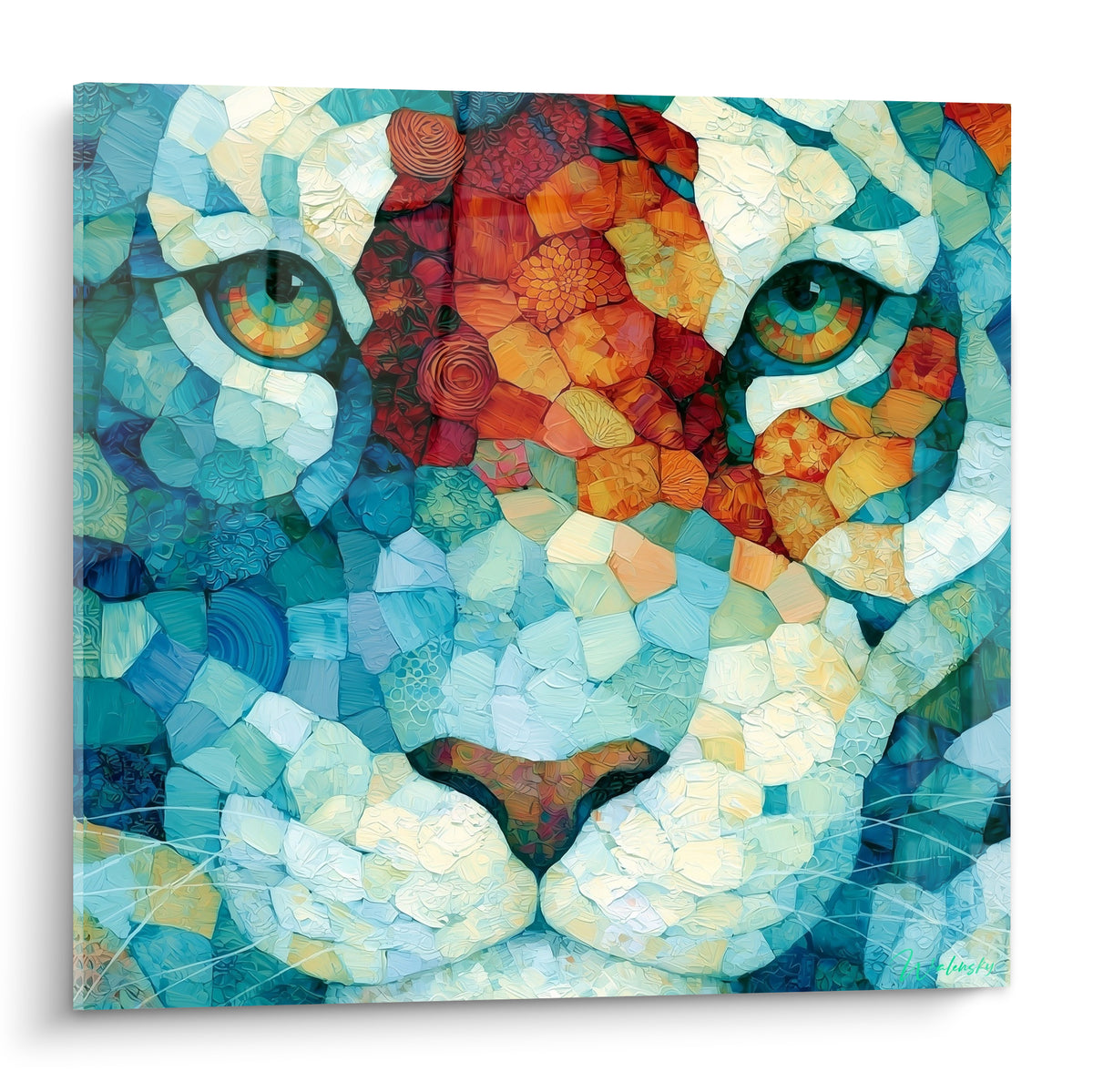 Tigre en mosaïque bleu turquoise et roux, regard ambré perçant, texture picturale dense