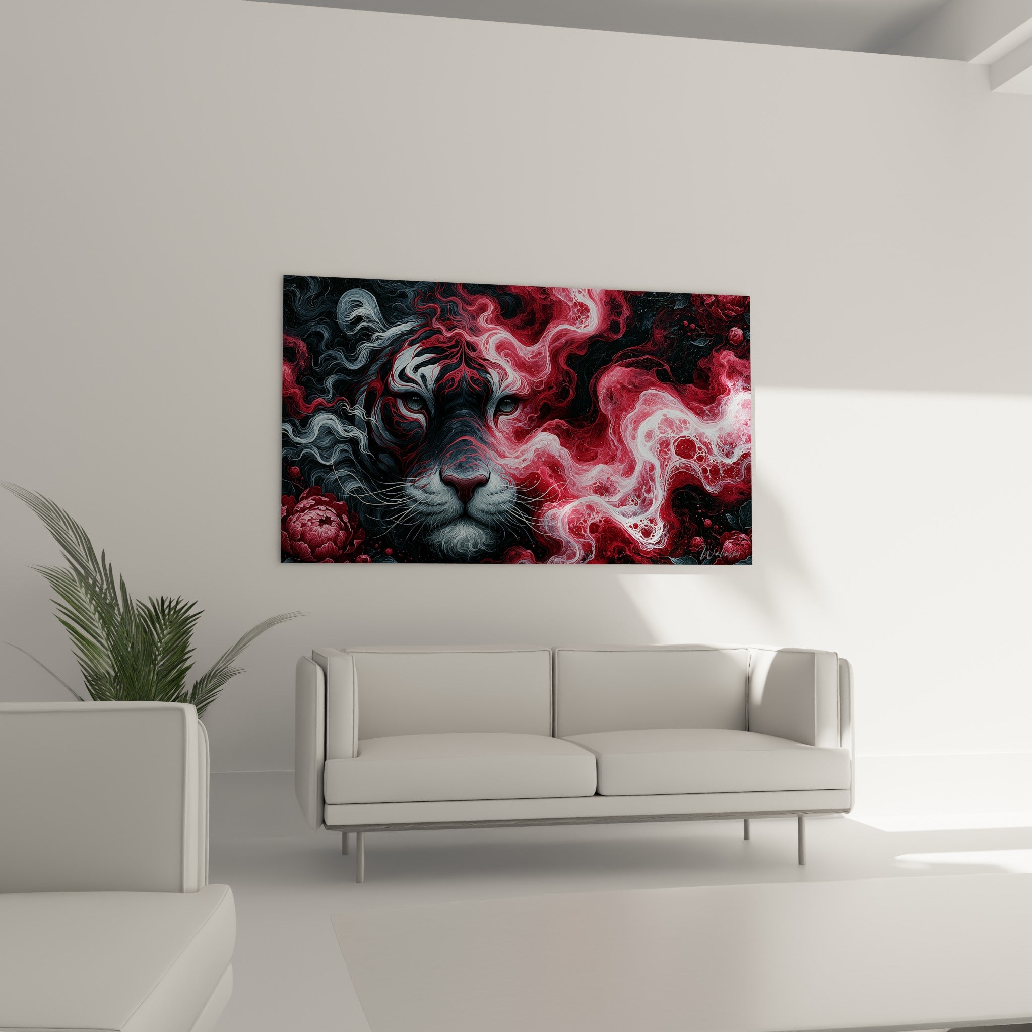 Museau blanc du tigre traversé de filaments rouges et noirs, au-dessus d'un canapé dans un salon lumineux