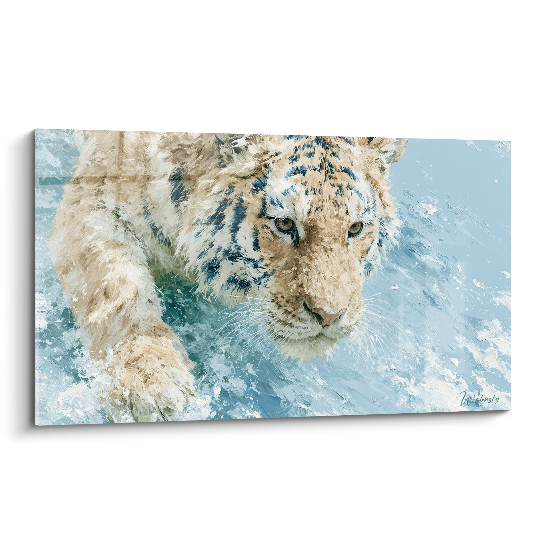 Tigre au regard ambré traversant une eau bleu pastel et blanche, touches picturales épaisses.