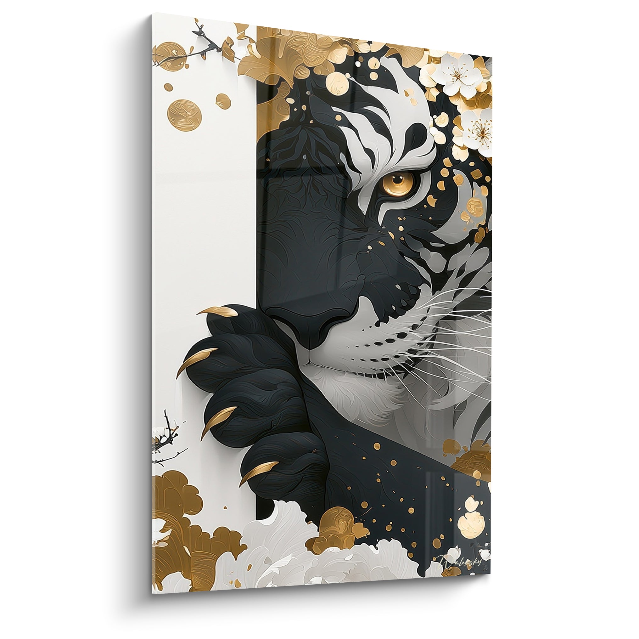Tigre noir et ivoire à l'œil doré perçant, entouré de fleurs blanches et motifs dorés éclatants