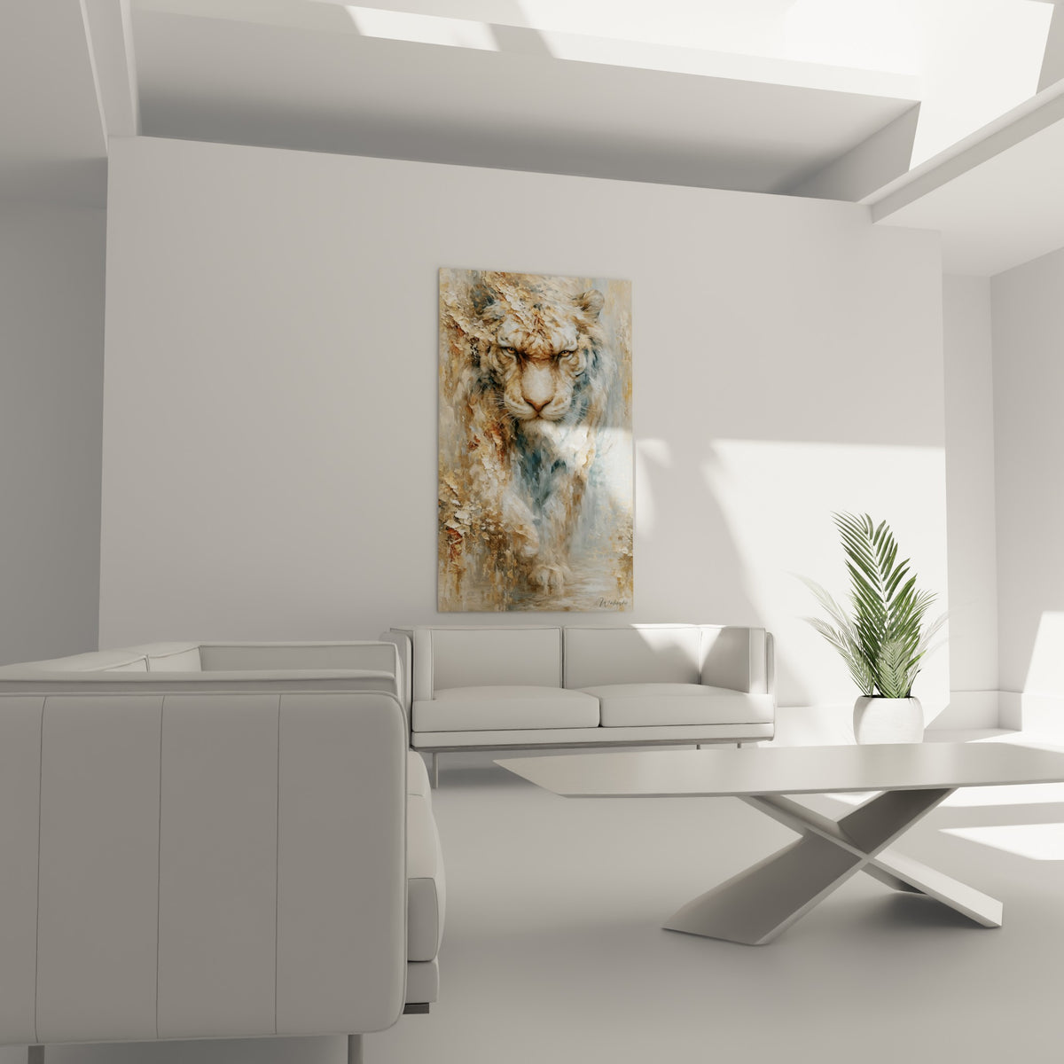 Tigre aux nuances ocre et bleutées, regard intense, positionné au-dessus d'un canapé dans un salon lumineux