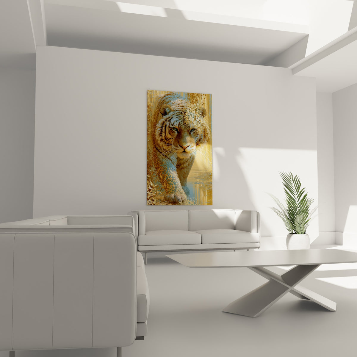 Félin ocre aux yeux perçants, silhouette fragmentée dorée et bleutée, au-dessus d'un canapé dans un salon lumineux