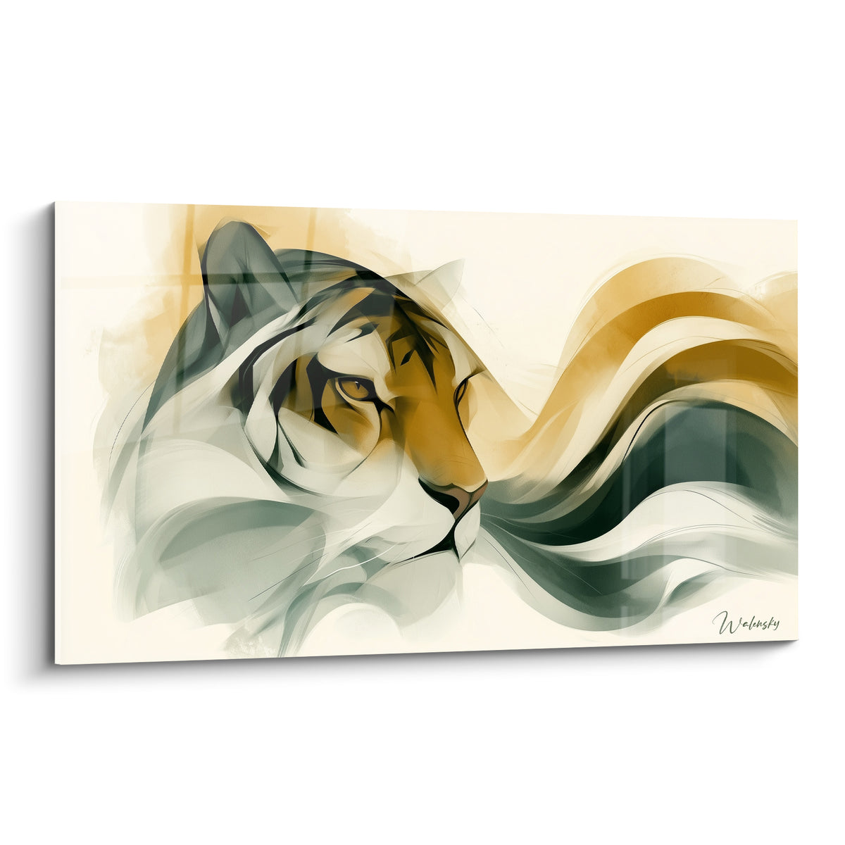 Tigre au regard perçant, museau ocre et rayures noires, volutes vert émeraude en fond crème