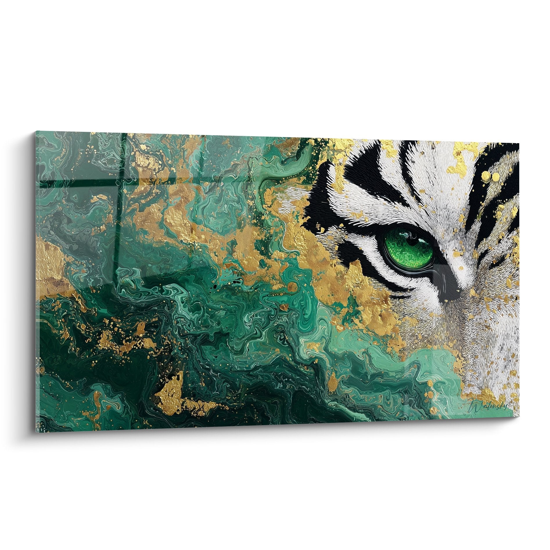 Tigerbild mit grünem Smaragdauge auf türkisfarbenem Marmor- und Goldhintergrund, zeitgenössische Wandkunst Tiger-Edition
