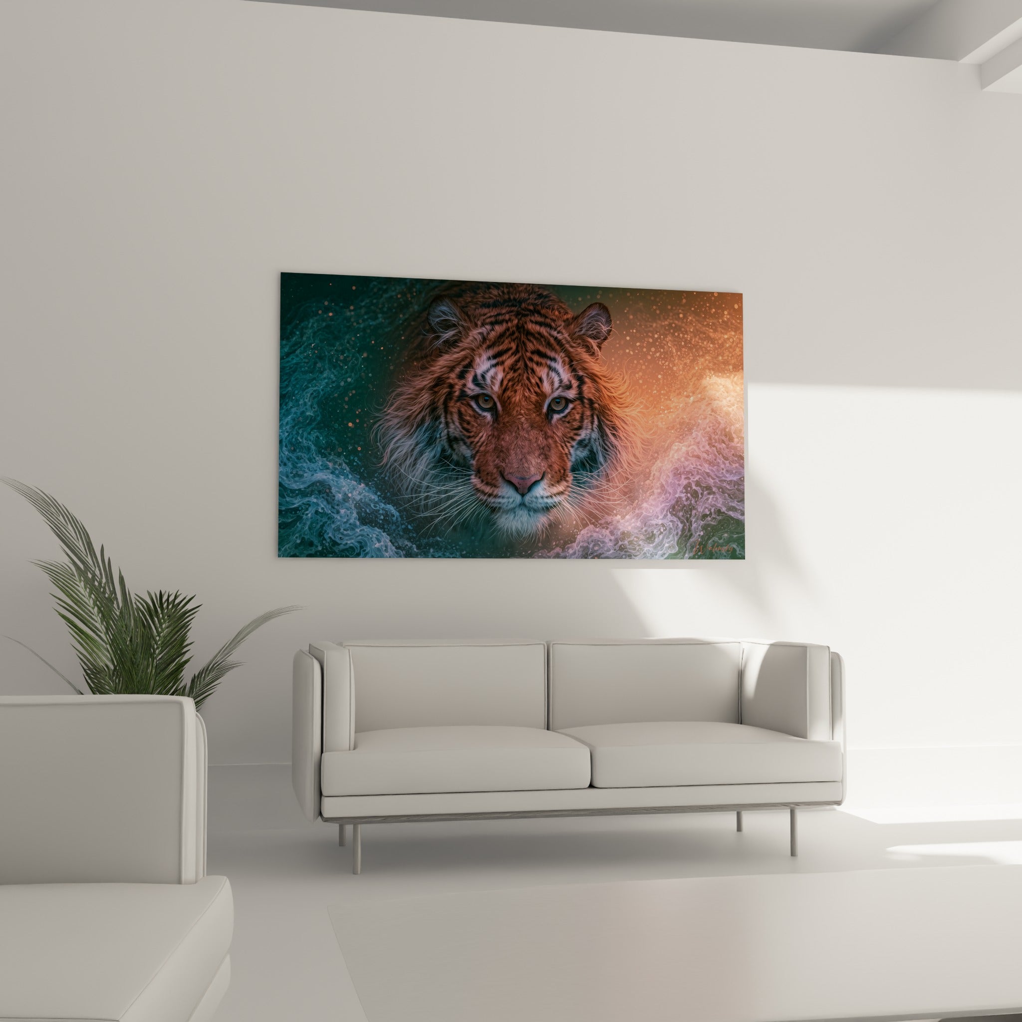Museau blanc et pelage strié orangé du tigre, au-dessus d'un canapé dans un salon lumineux