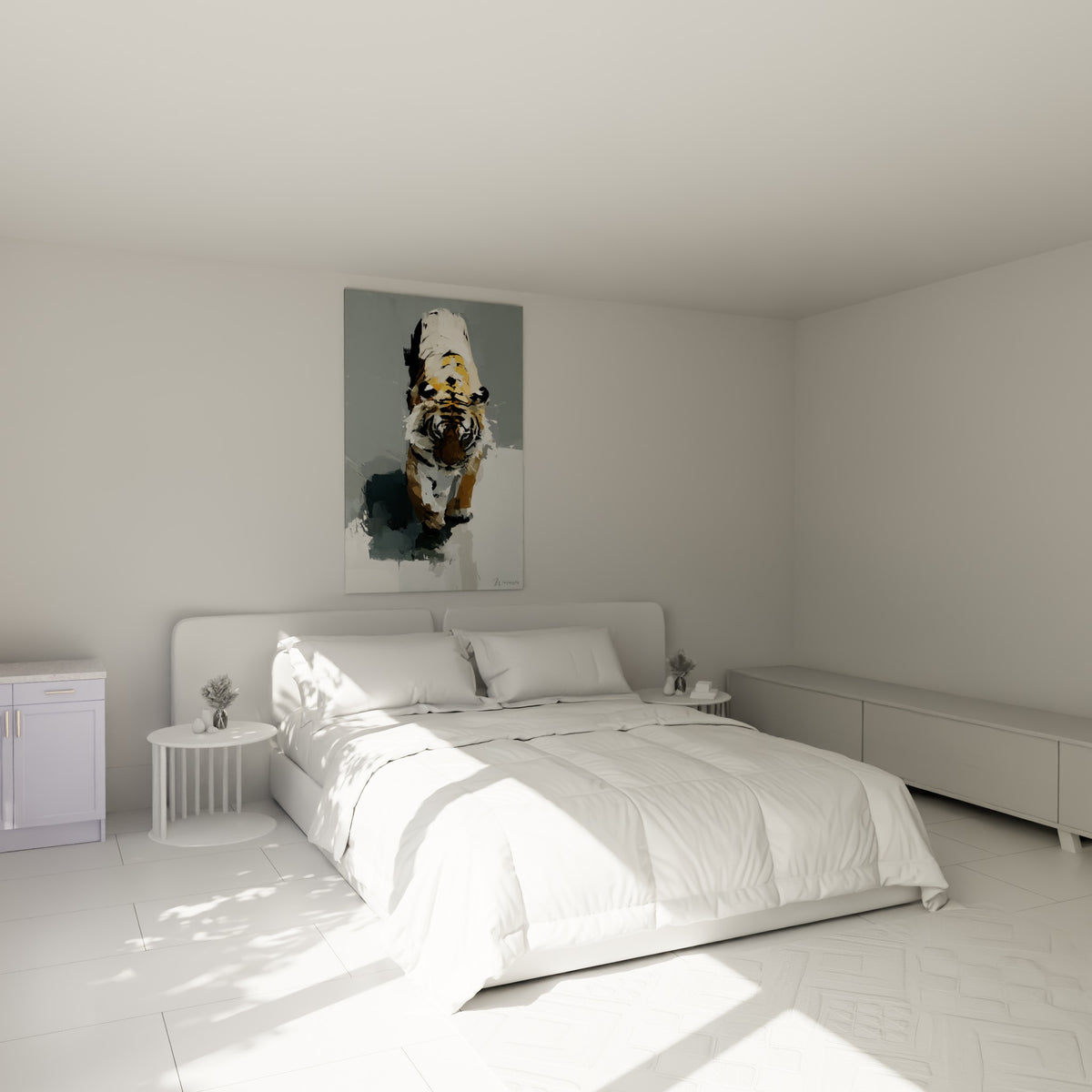 Félin aux rayures noires et pelage orangé, tableau Tigre au-dessus d'un lit dans une chambre claire