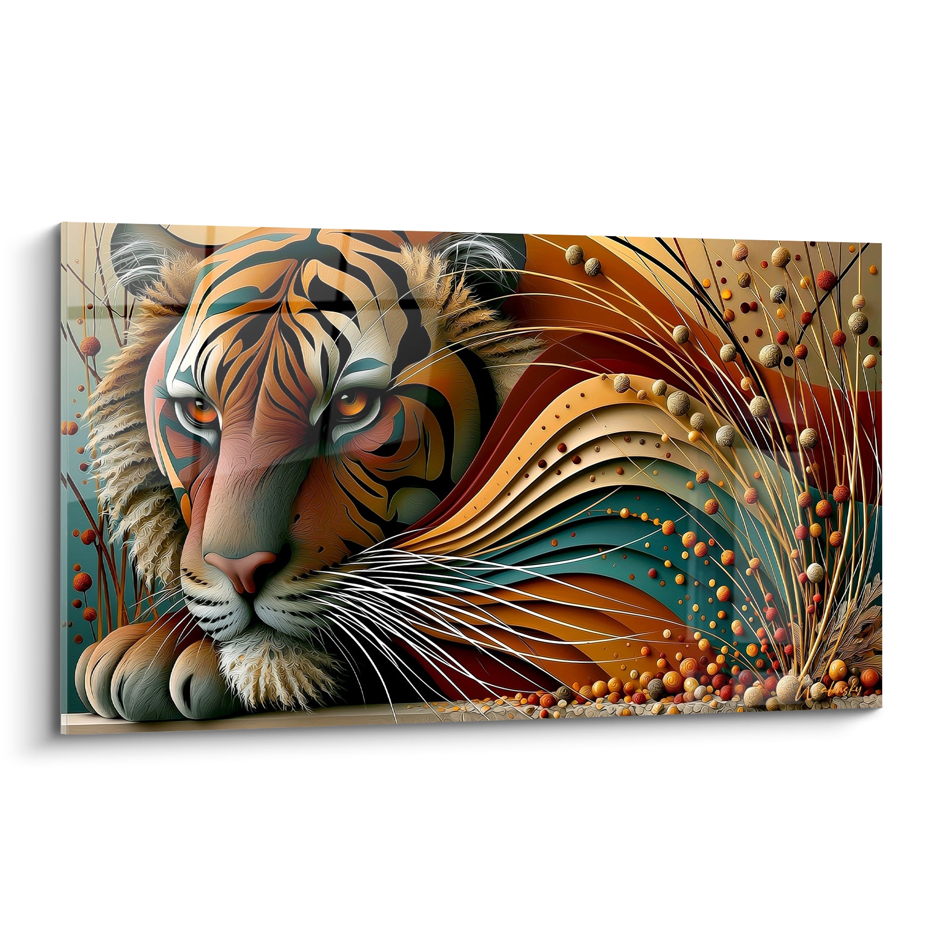 Tigre orange et sarcelle au regard intense, pelage se muant en vagues dorées sculptées