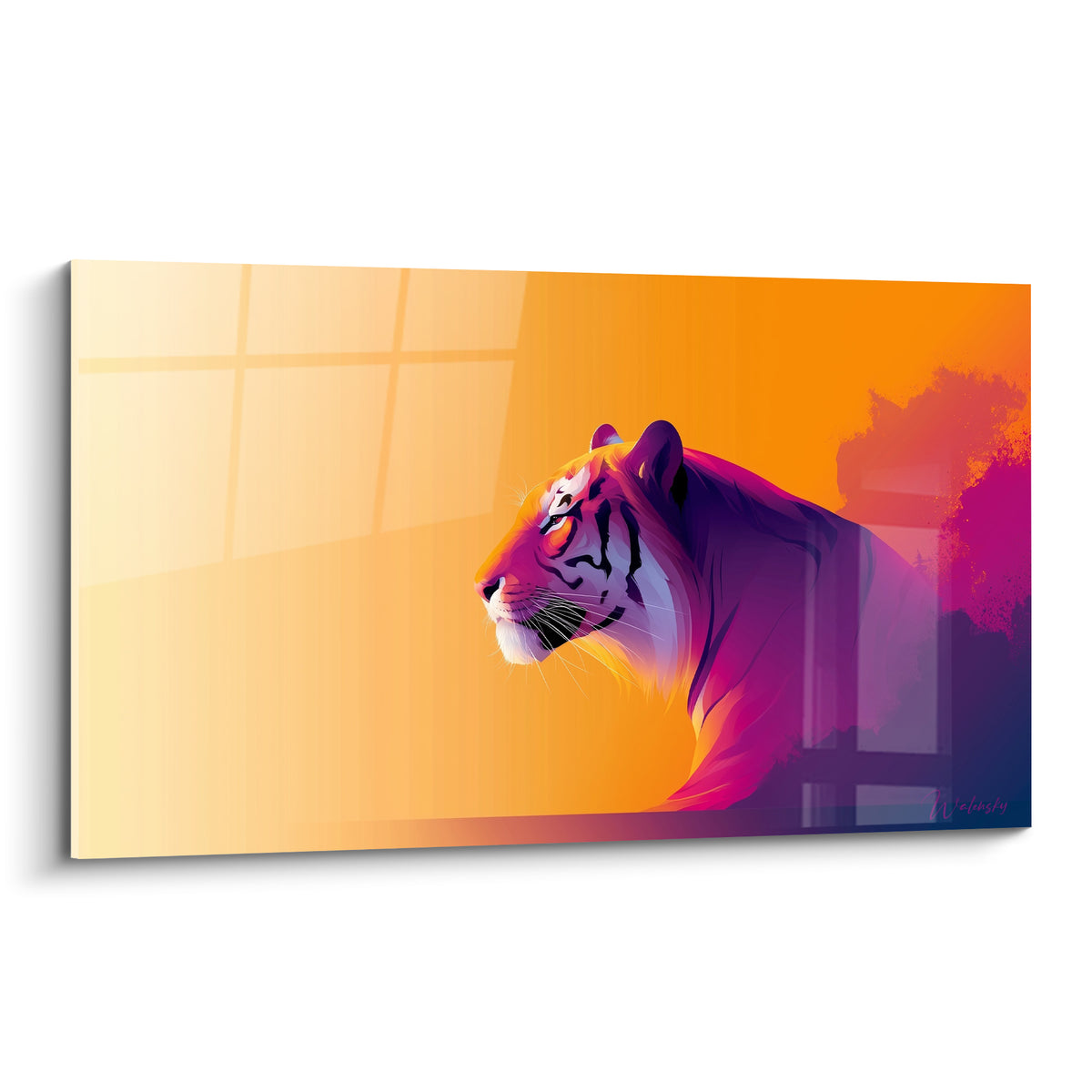 Tigre orange et violet en profil, regard perçant, rayures noires stylisées sur fond dégradé