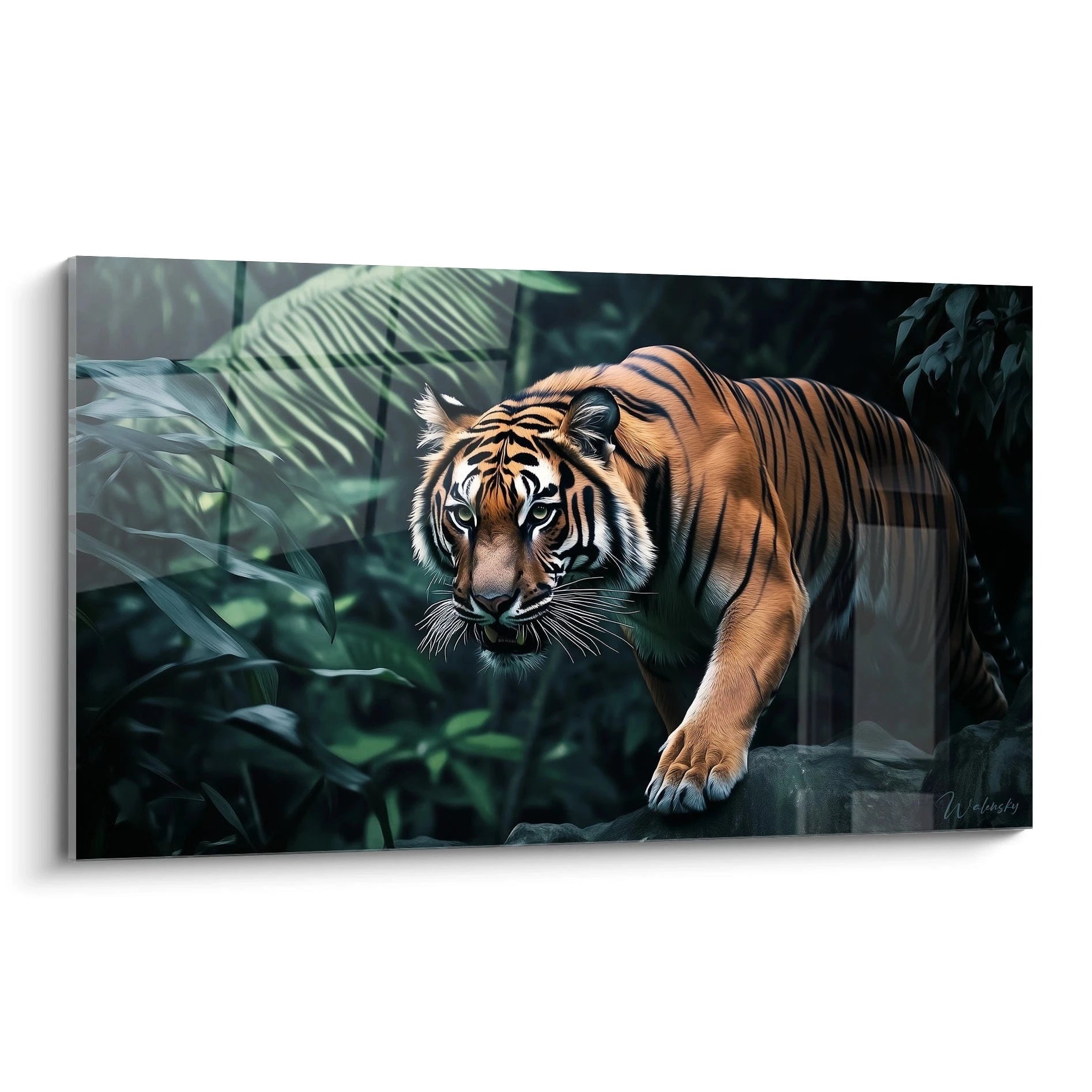 Tableau tigre Walensky avec image réaliste d'un tigre marchant dans la jungle dense