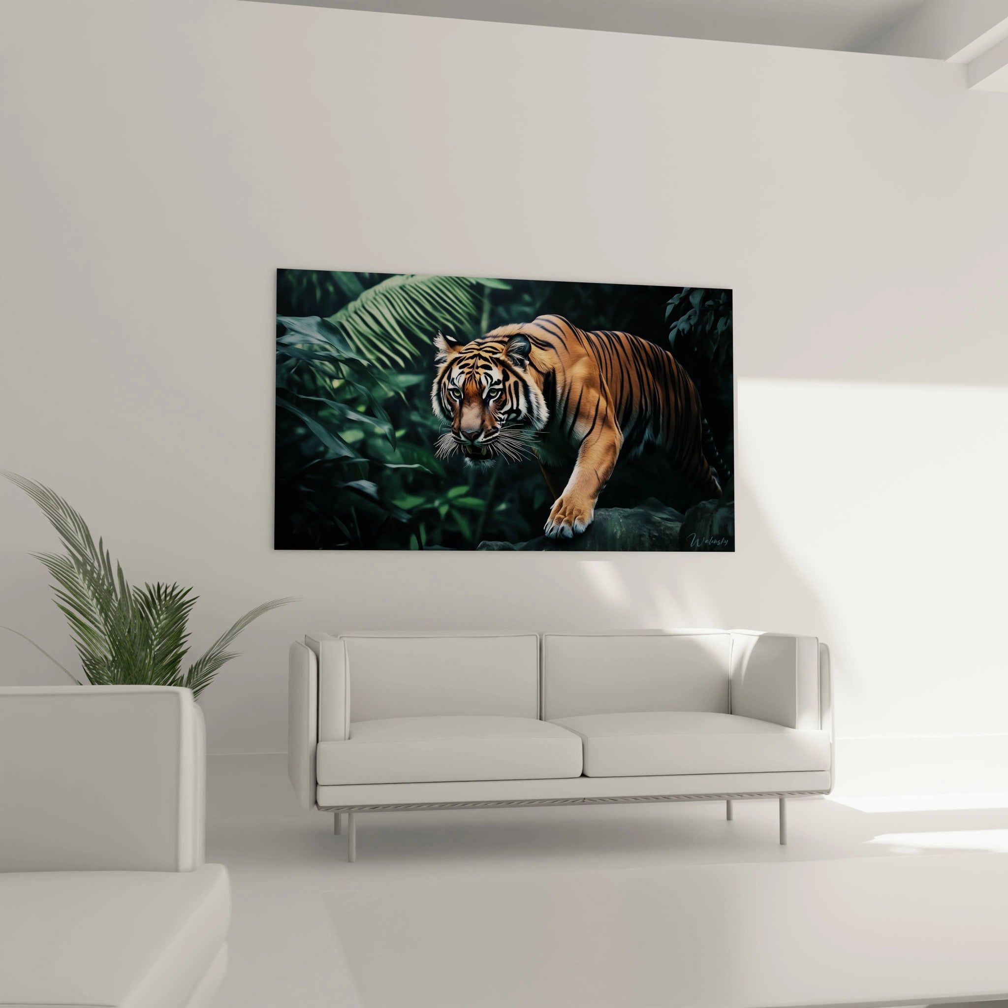 Tableau tigre Walensky représentant un tigre en forêt luxuriante accroché dans un salon moderne