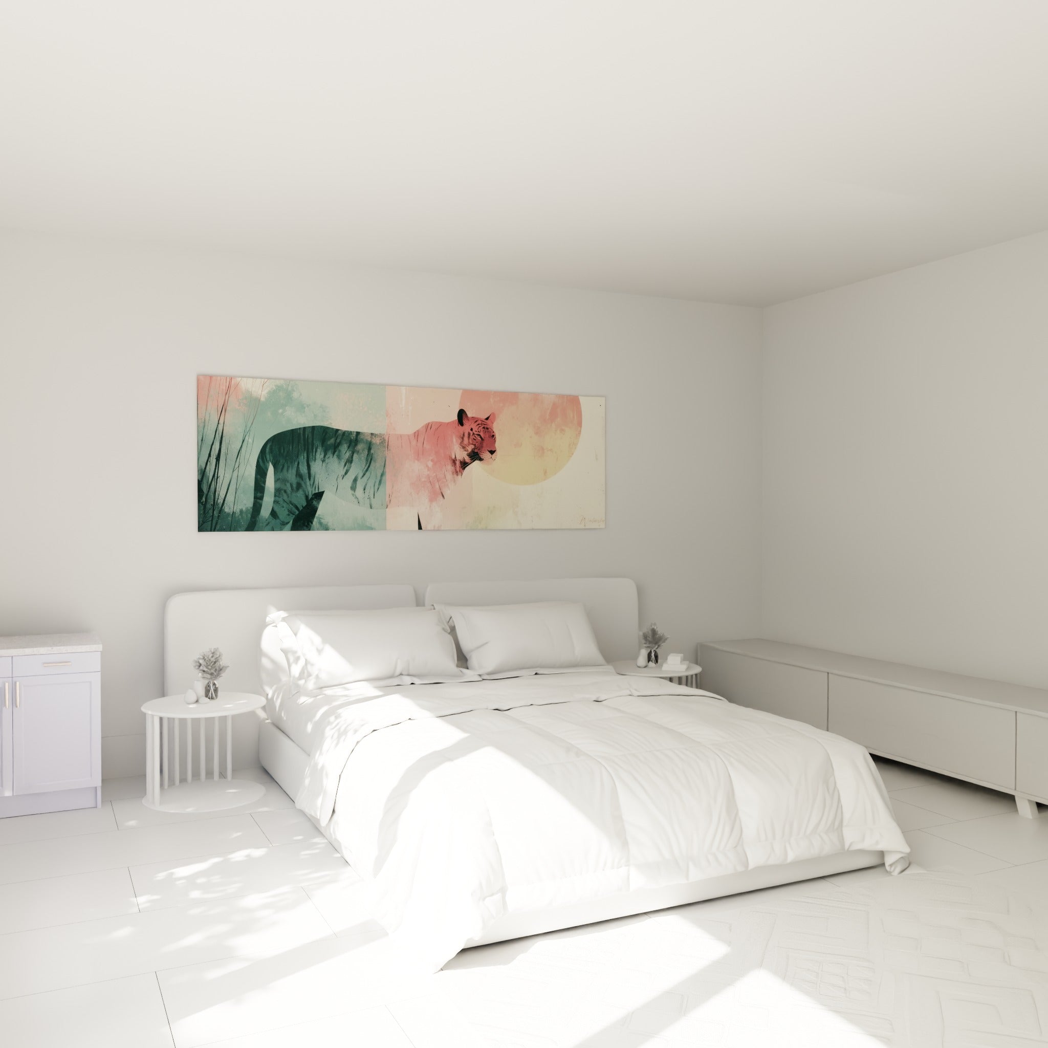 Silhouette de tigre corail et vert sarcelle au-dessus d'un lit dans une chambre claire