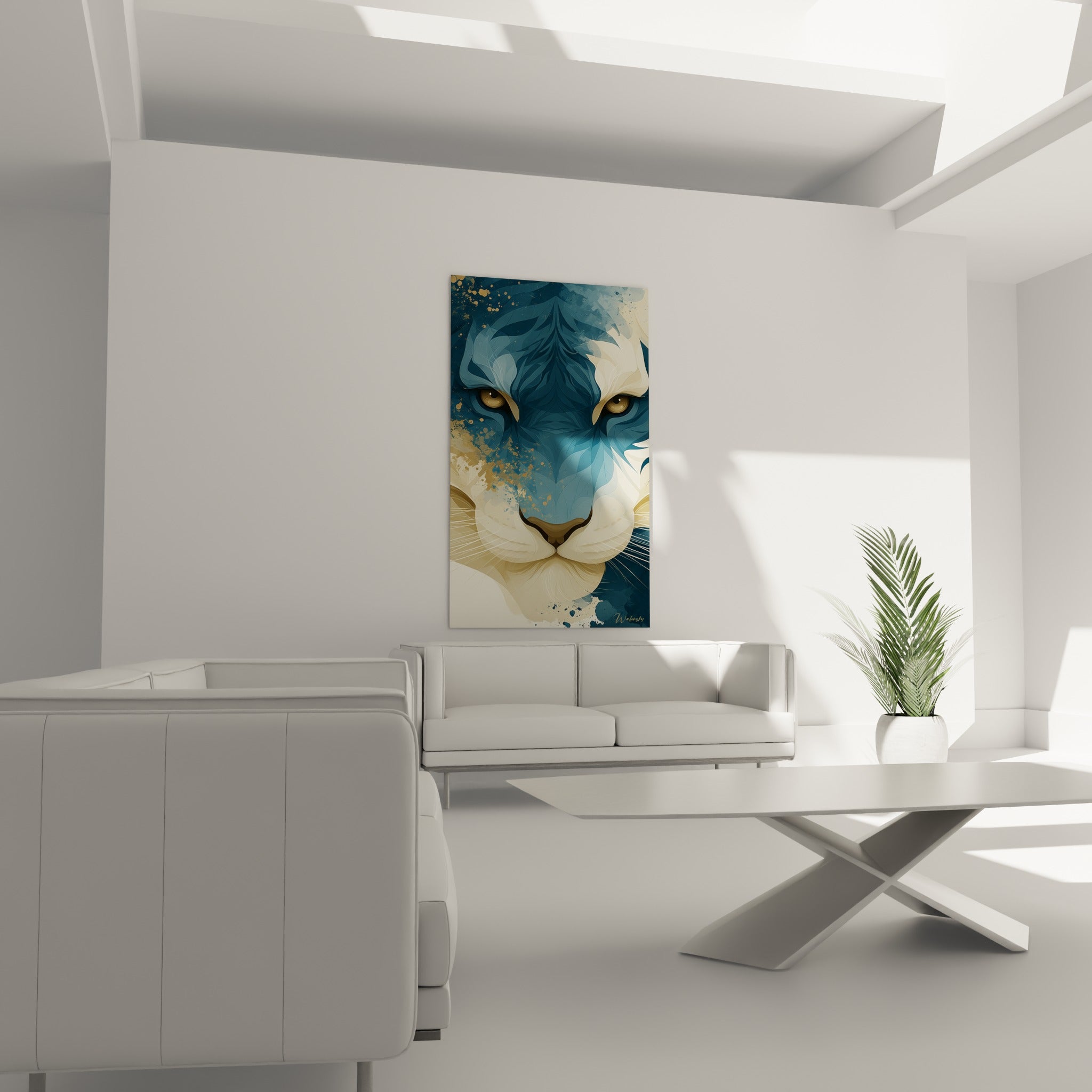 Visage de tigre ivoire et bleu profond aux motifs graphiques, placé au-dessus d'un canapé dans un salon lumineux