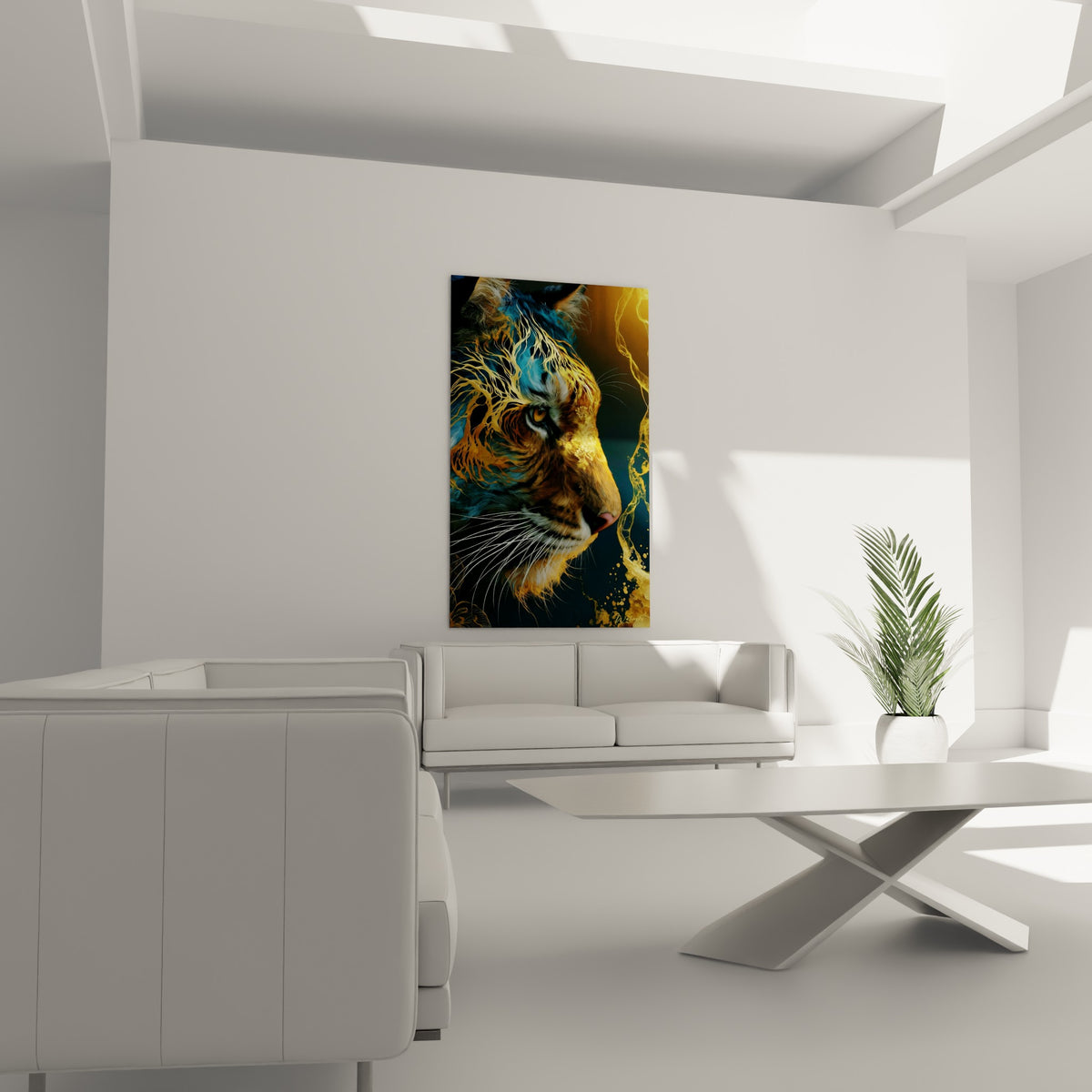 Profil animalier bleu nuit et fauve doré, tableau tigre au-dessus d'un canapé dans un salon lumineux