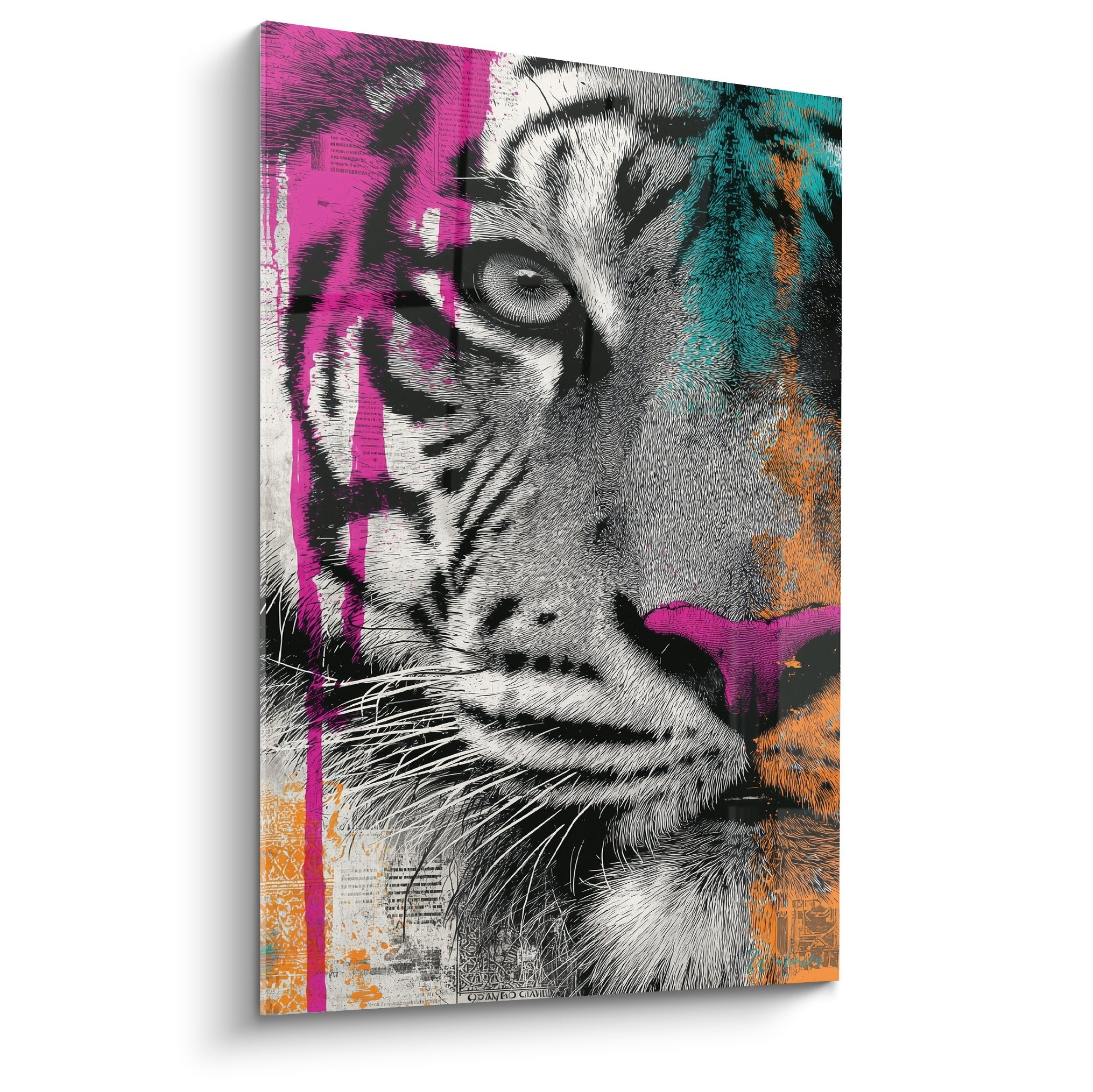 Tableau tigre style pop art rose turquoise regard intense decoration murale moderne