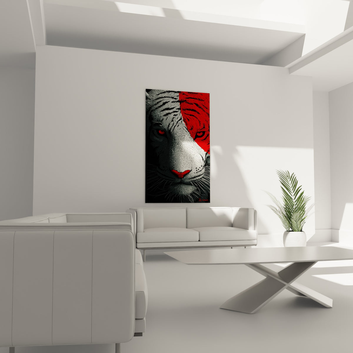 Visage de tigre rouge et anthracite aux yeux perçants au-dessus d'un canapé dans un salon lumineux