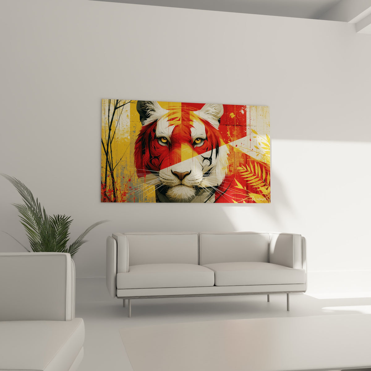 Portrait fauve du tigre aux teintes rouge et or accroché au-dessus d'un canapé dans un salon lumineux