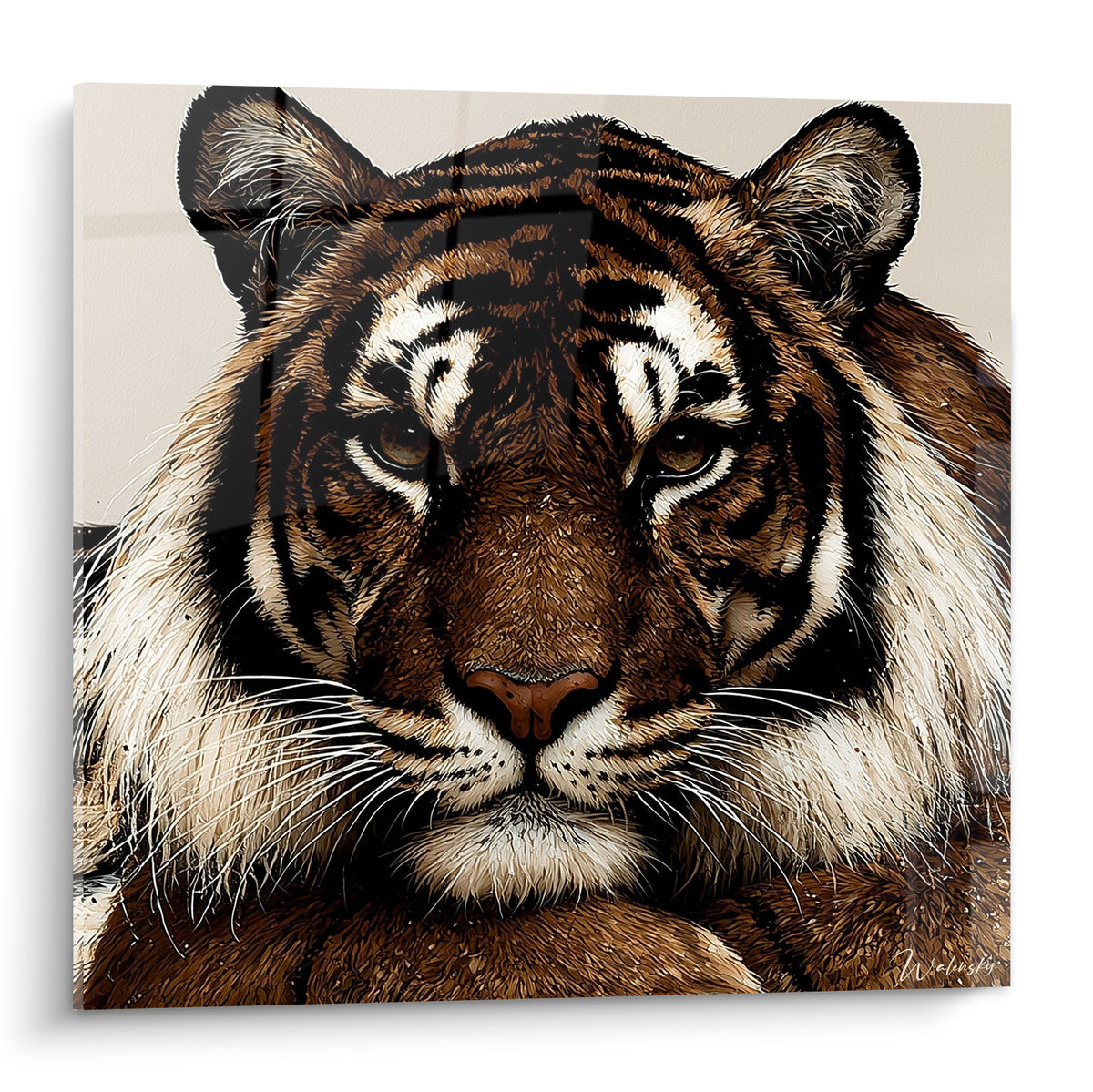 Tigre au pelage brun et blanc, regard fixe intense, rayures noires marquées, portrait détaillé