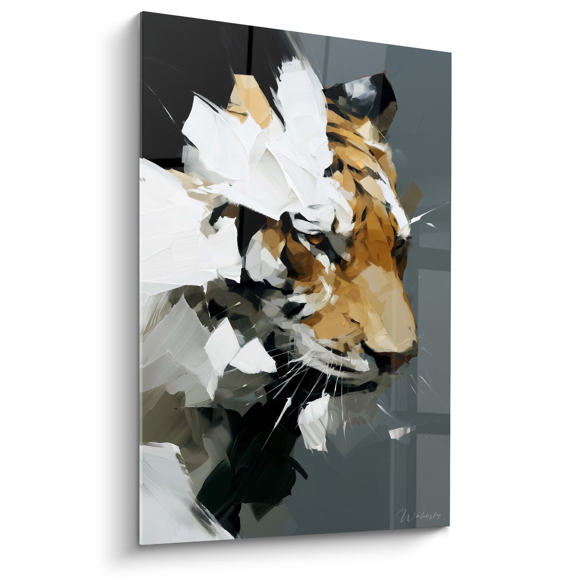 Tigre de profil aux touches ocre et blanches sur fond anthracite, technique picturale fragmentée