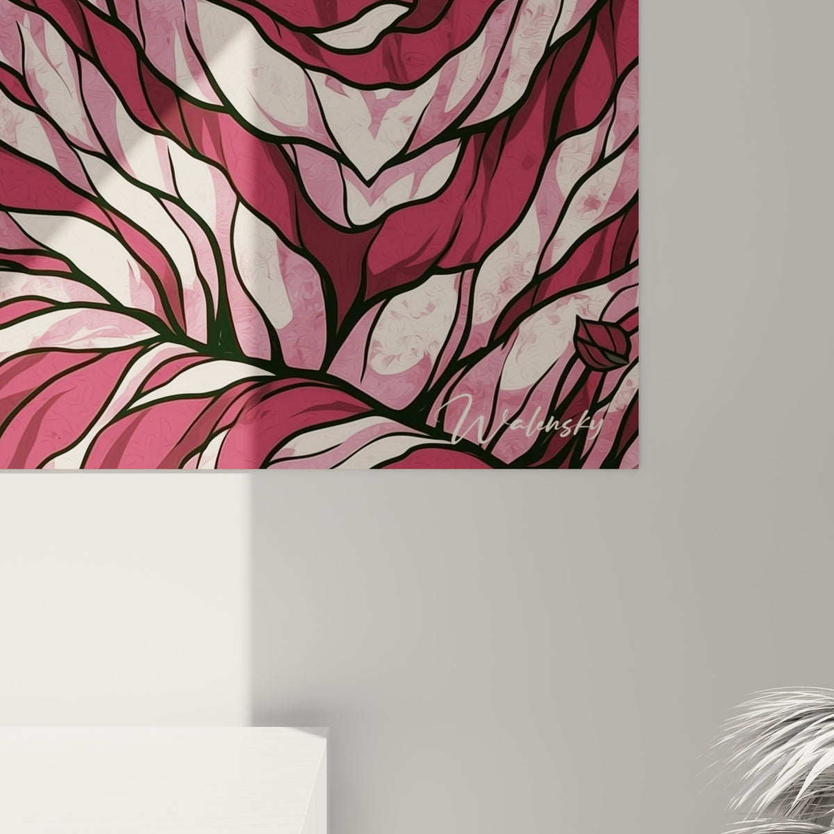 Détail des rayures bordeaux et blanches du tigre, texture graphique et lune rose en arrière-plan