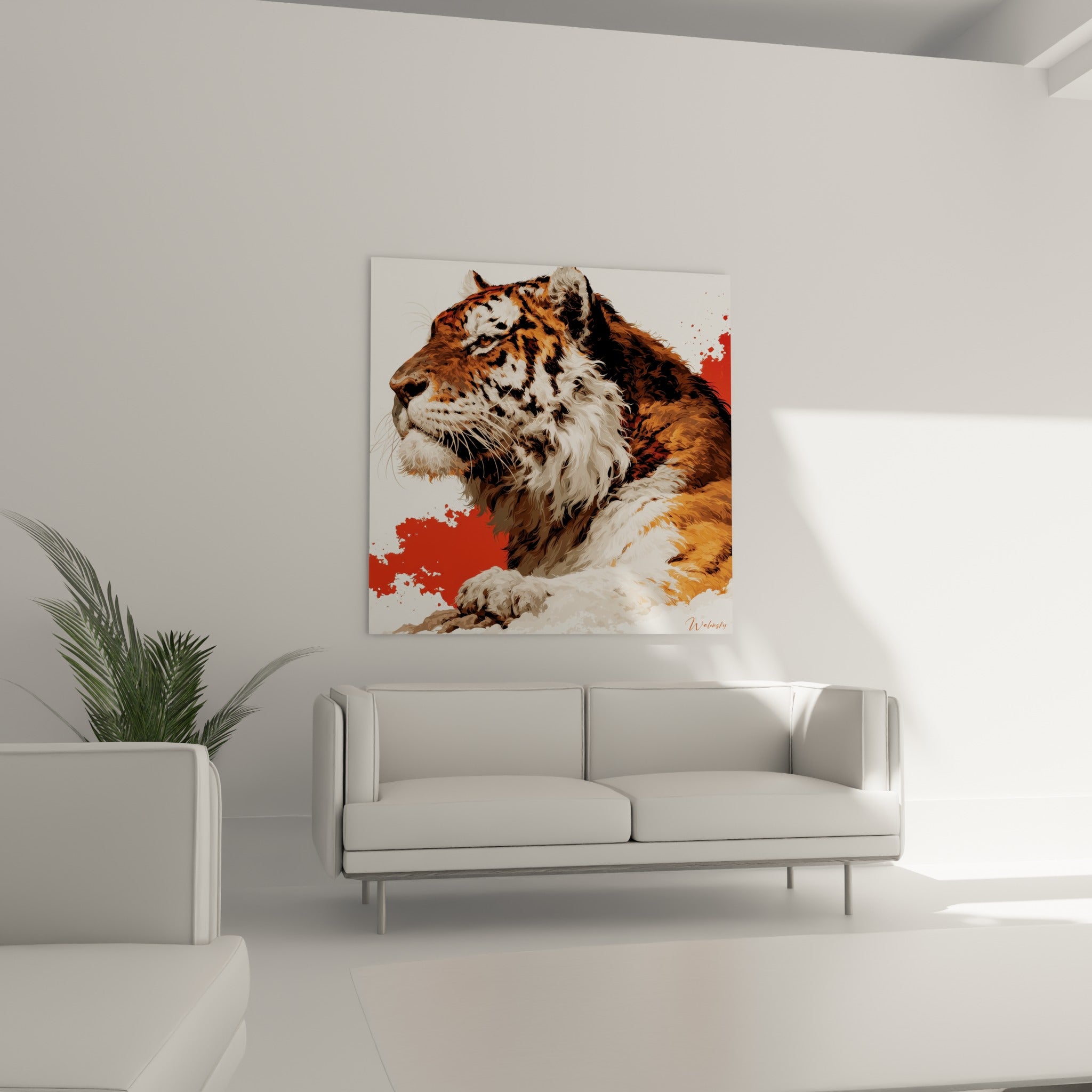 Tigre fauve aux rayures noires et fourrure blanche, suspendu au-dessus d'un canapé dans un salon lumineux