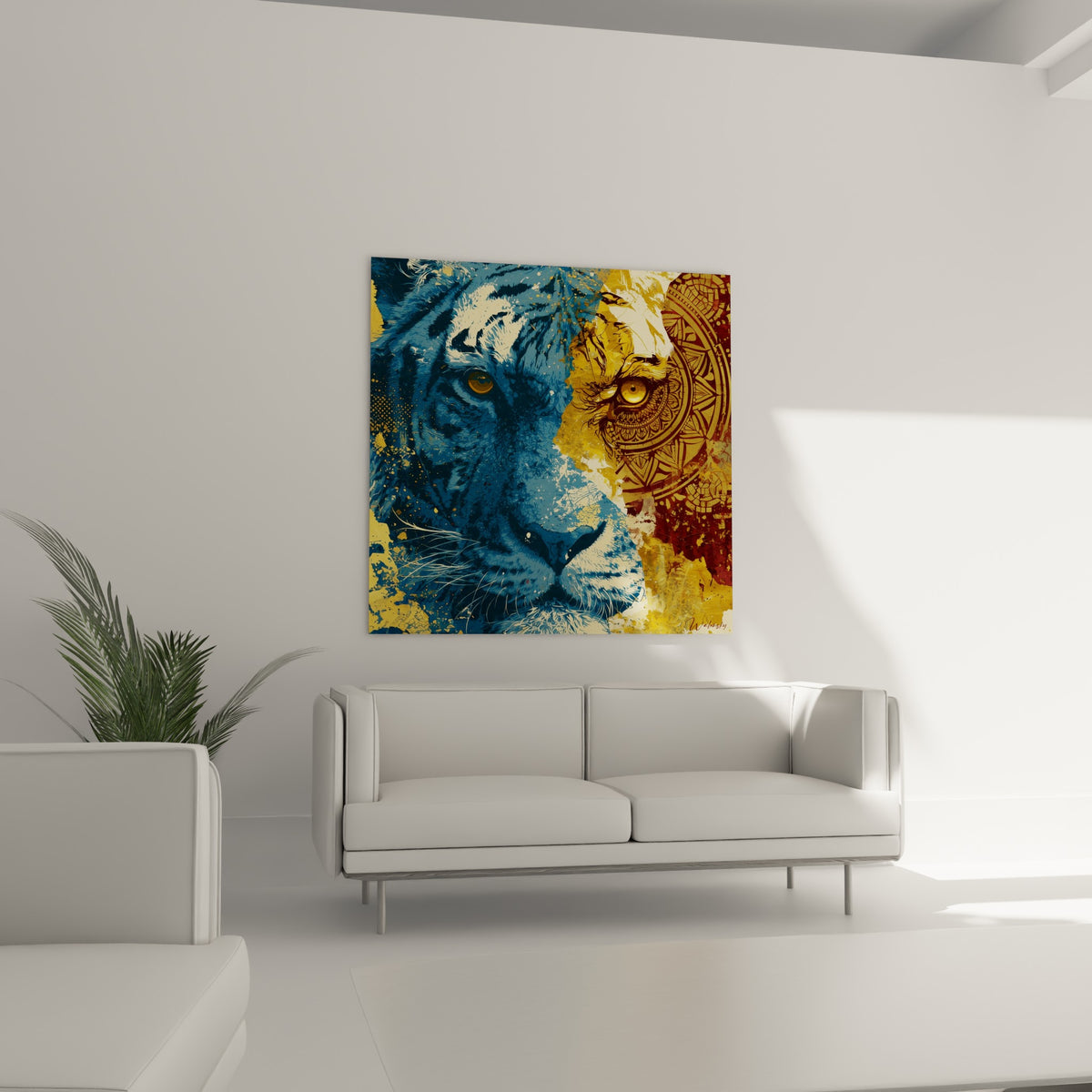 Tête de tigre bleu marine et bordeaux, regard ambré intense, au-dessus d'un canapé dans un salon lumineux