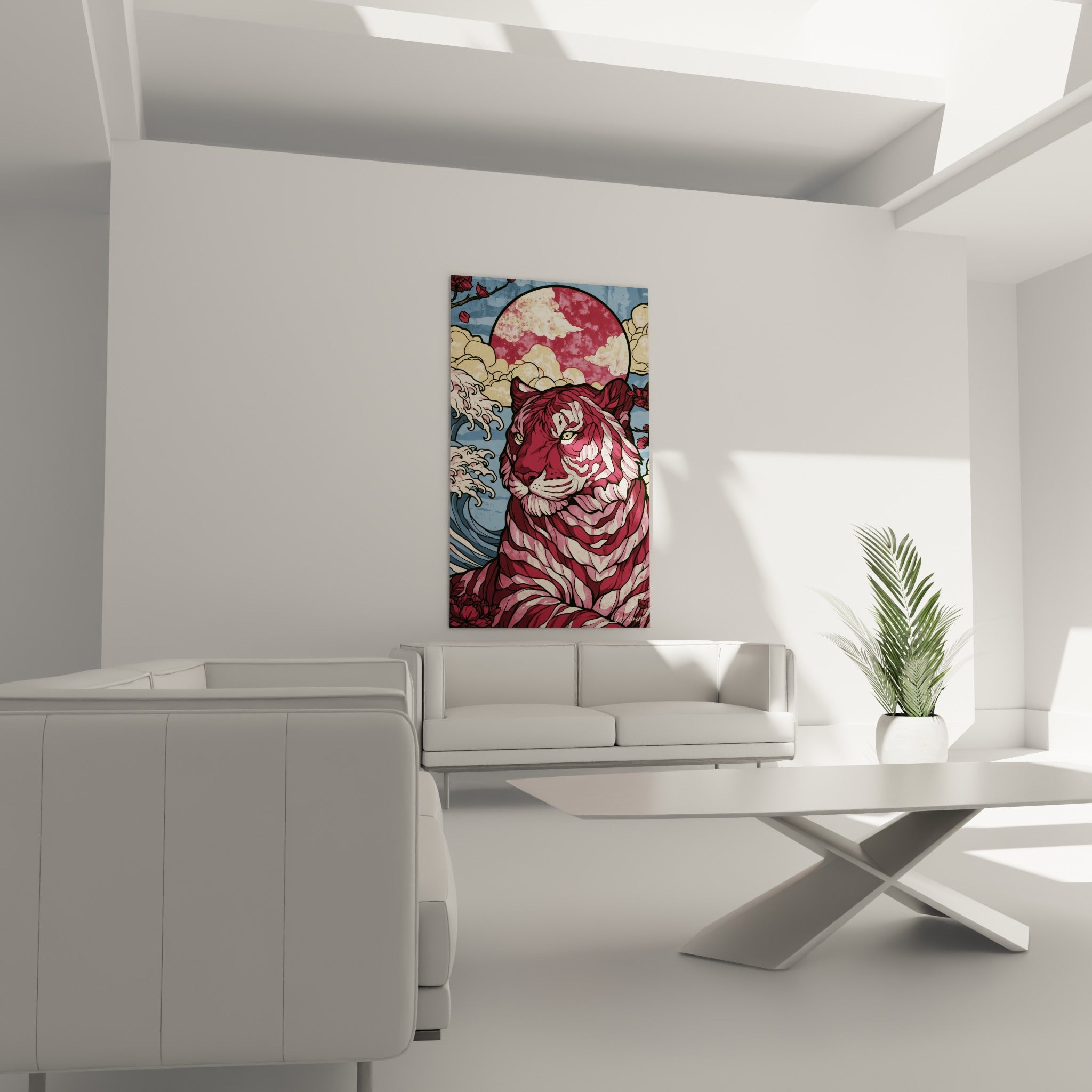 Regard perçant du tigre crème et bordeaux, placé au-dessus d'un canapé dans un salon lumineux