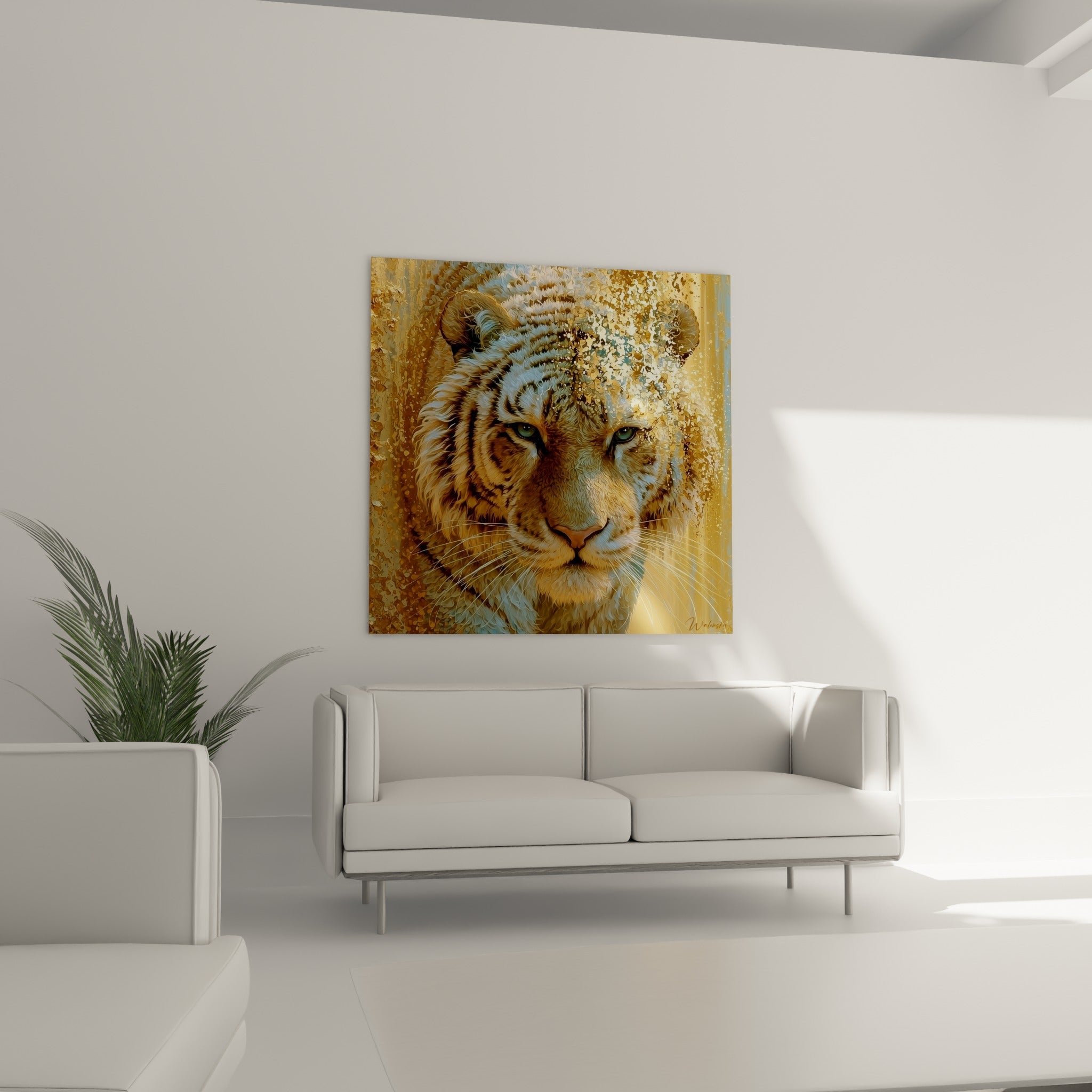 Regard félin bleu pastel intense sur pelage fauve texturé, accroché au-dessus d'un canapé dans un salon lumineux