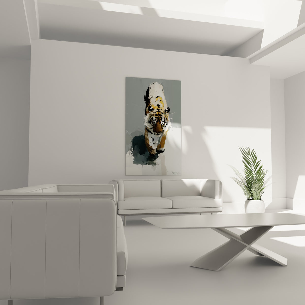 Regard intense du tigre gris et fauve, tableau accroché au-dessus d'un canapé dans un salon lumineux