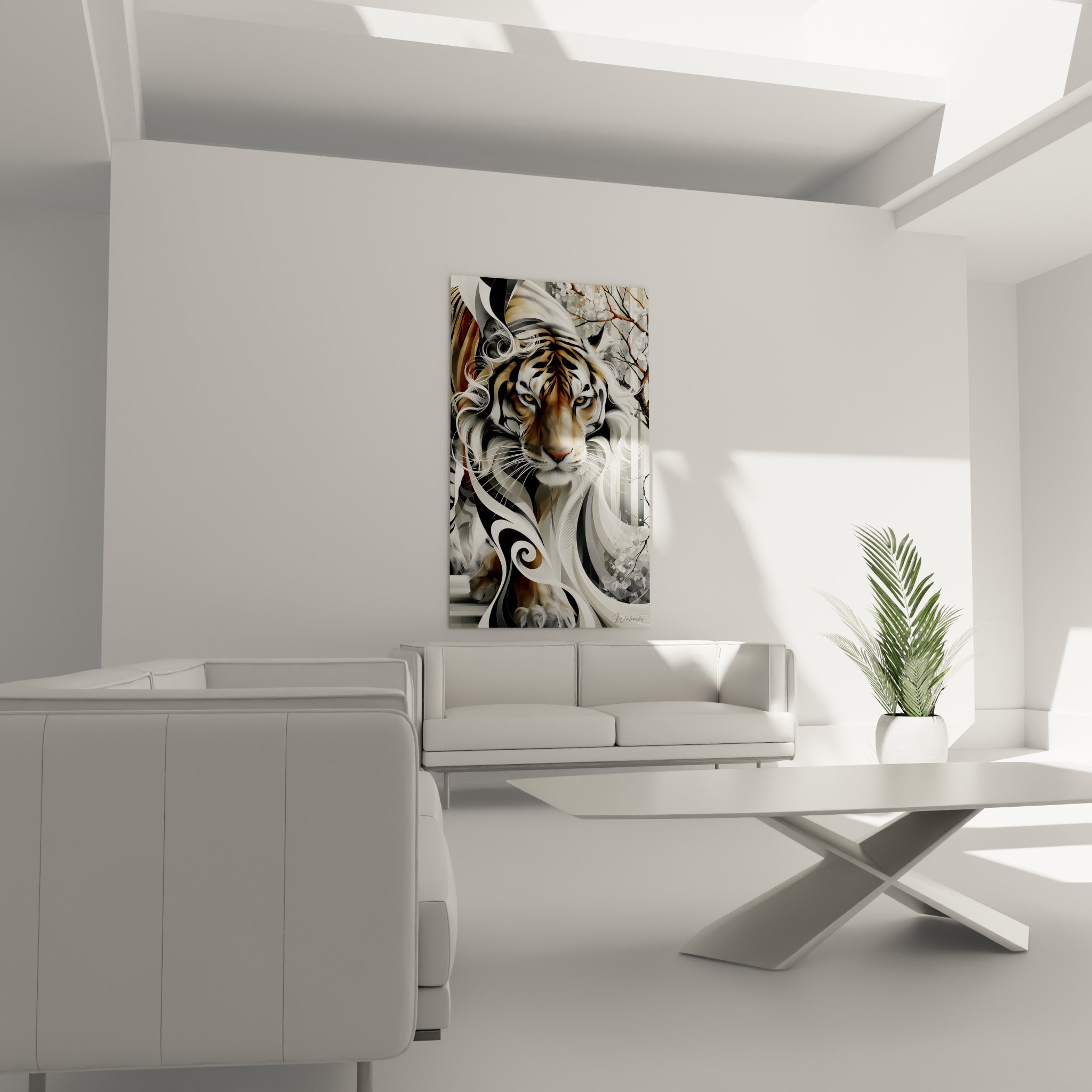 Regard intense d'un tigre fauve et blanc suspendu au-dessus d'un canapé dans un salon lumineux