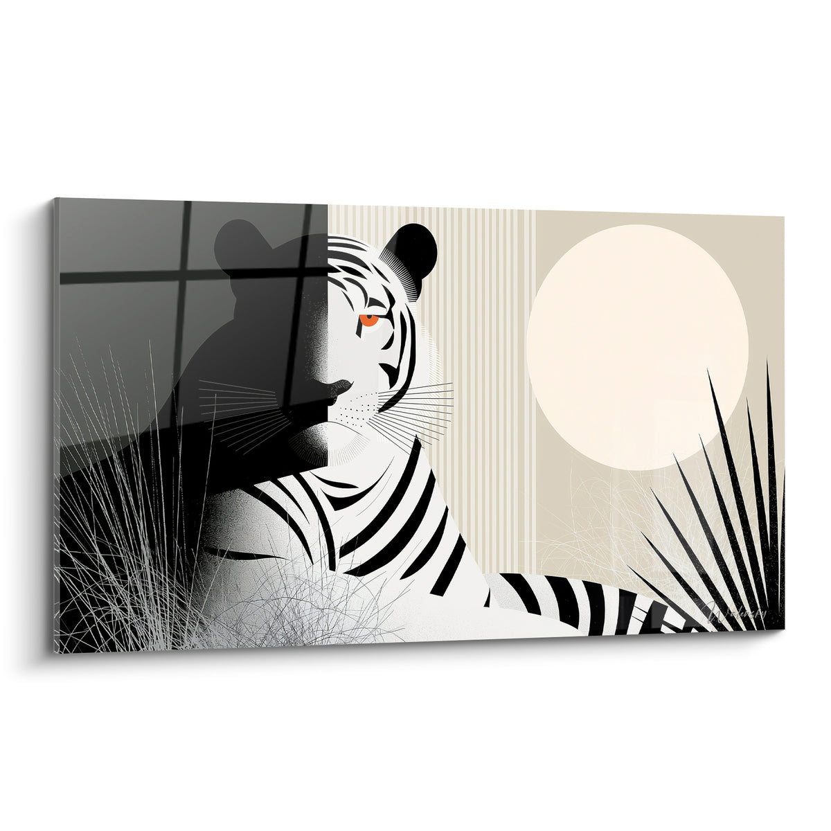 Tigre au regard orange vif, mi-ombre anthracite mi-lumière ivoire, style graphique épuré.