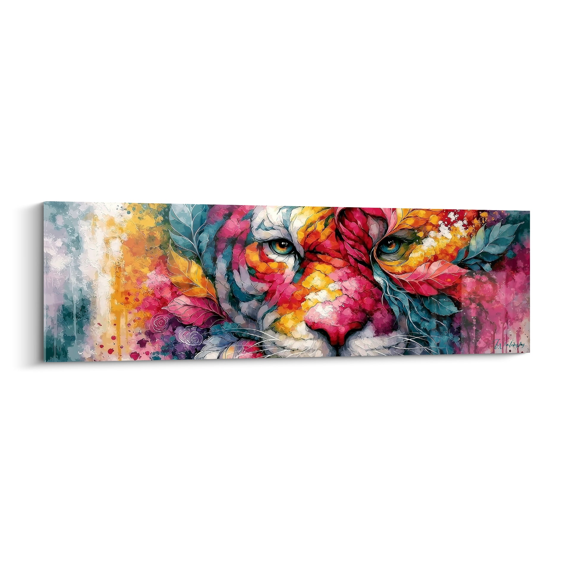 Tigre rose, doré et turquoise, regard perçant sculpté dans un feuillage peint coloré