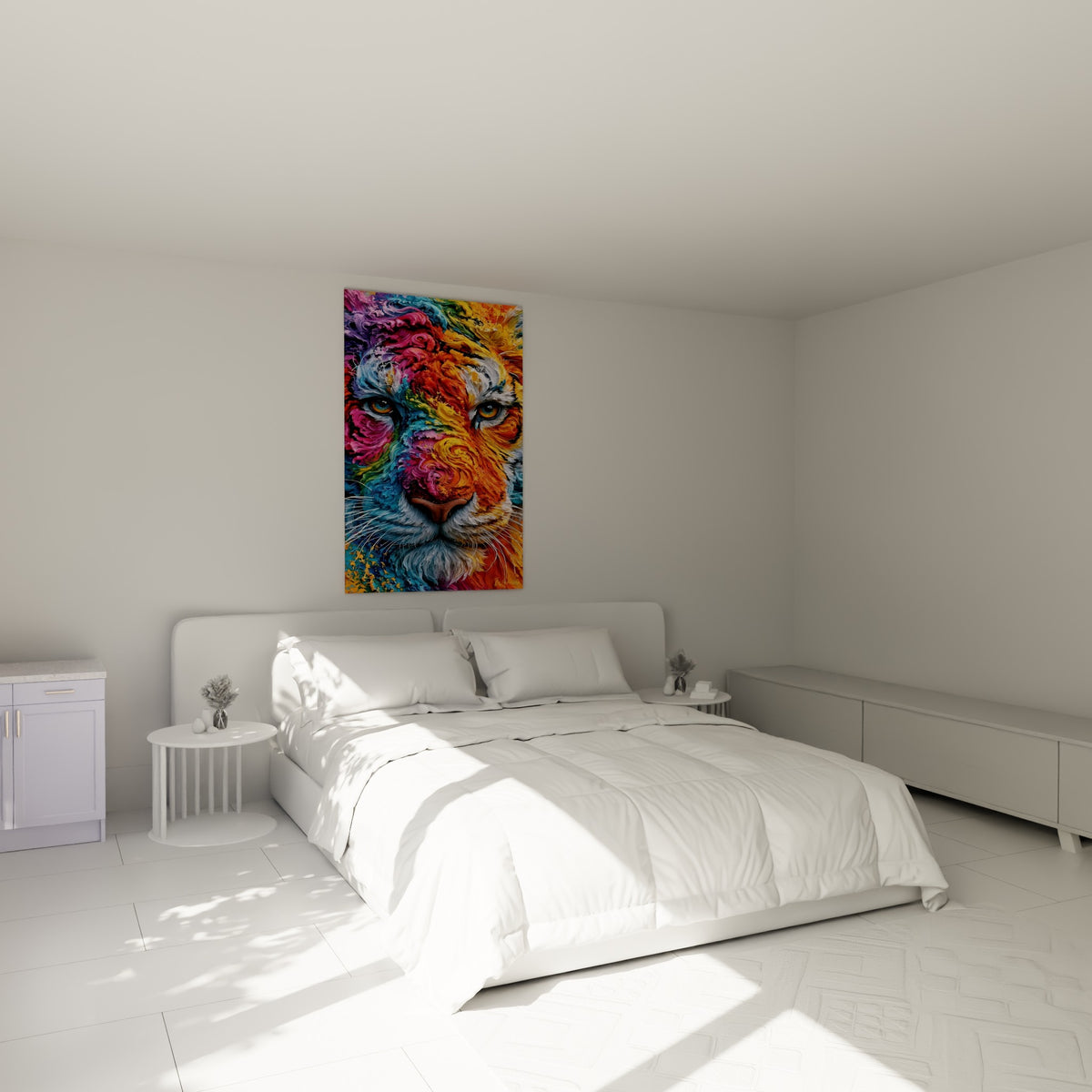 Yeux ambrés et fourrure rose violette d'un tigre stylisé, au-dessus d'un lit dans une chambre claire