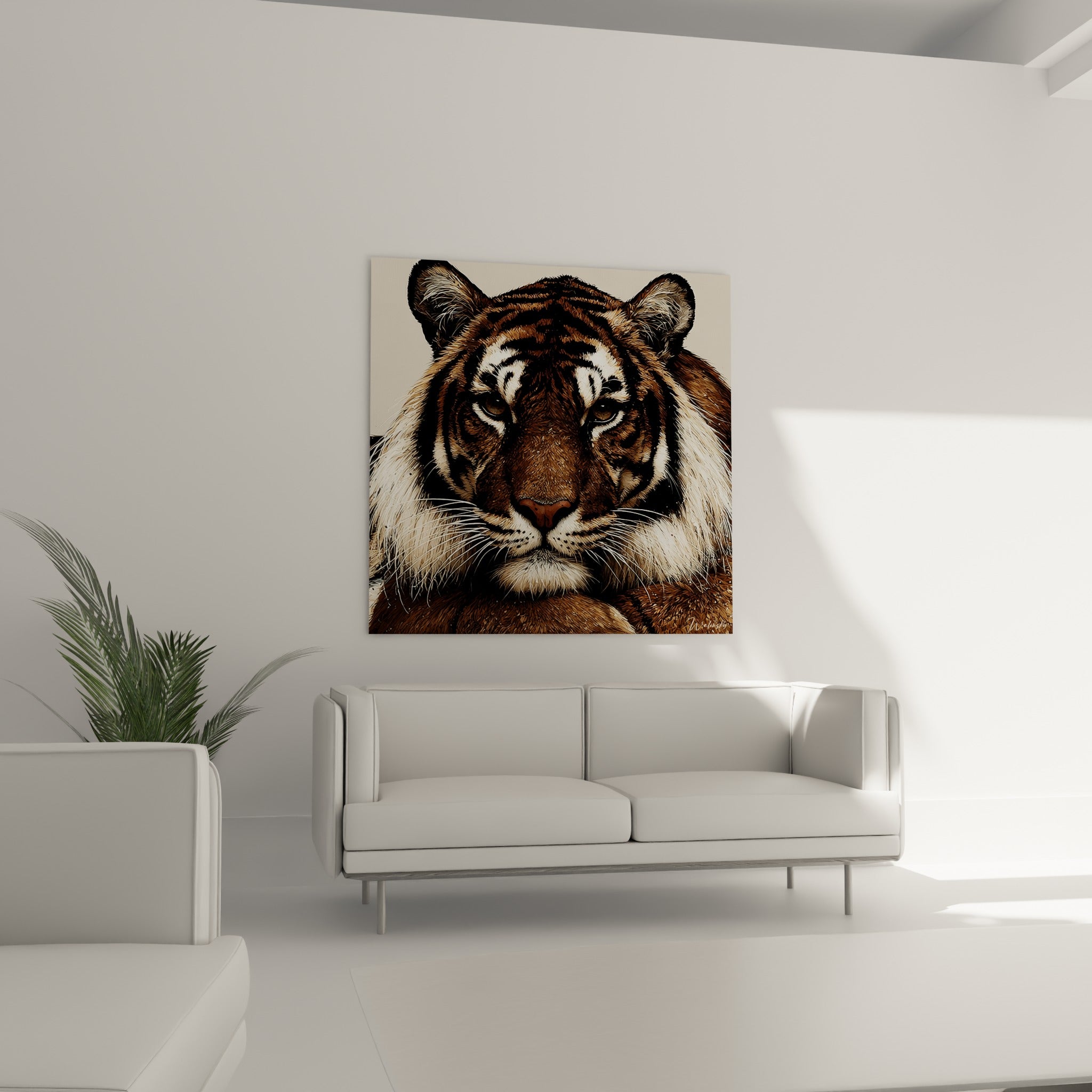 Tigre roux et crème au regard perçant, placé au-dessus d'un canapé dans un salon lumineux