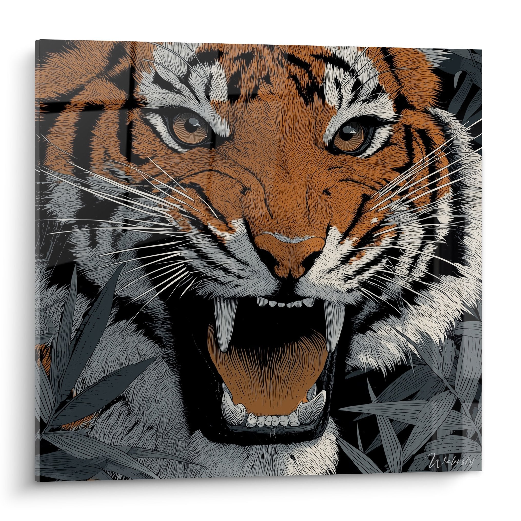 Gemälde brüllender Tiger orange und schwarz auf grauem Hintergrund, offenes Maul sichtbare Zähne moderne Wanddekoration