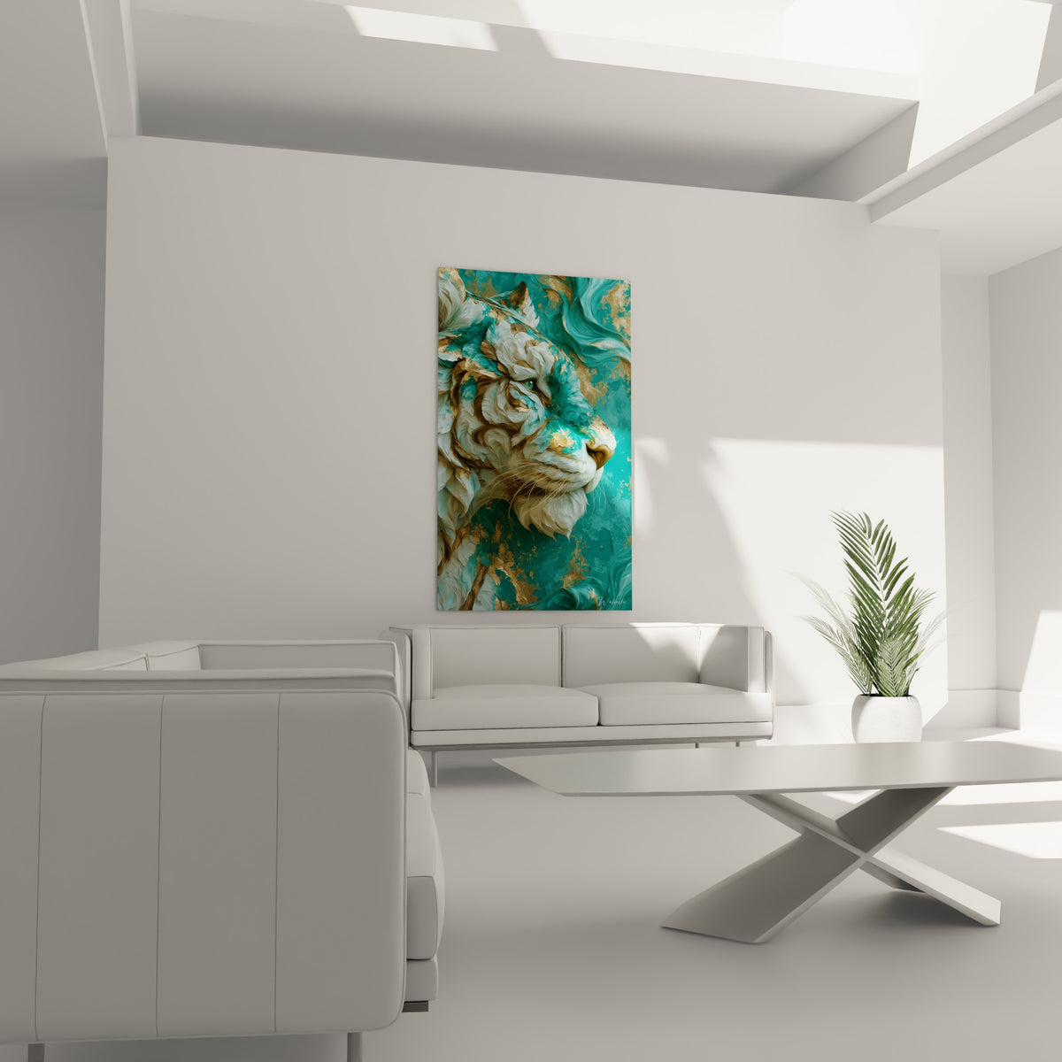 Profil félin blanc crème et turquoise accroché au-dessus d'un canapé dans un salon lumineux
