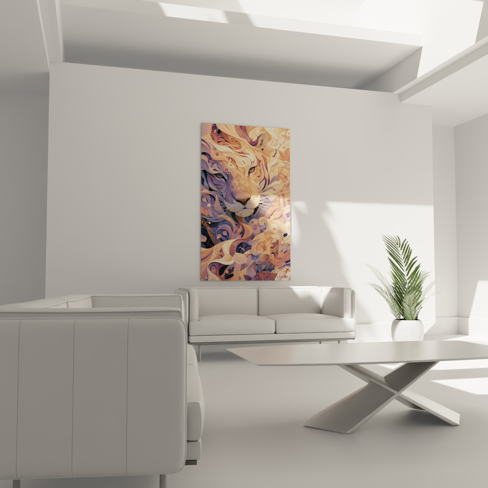 Visage de tigre beige et anthracite aux courbes graphiques, au-dessus d'un canapé dans un salon lumineux