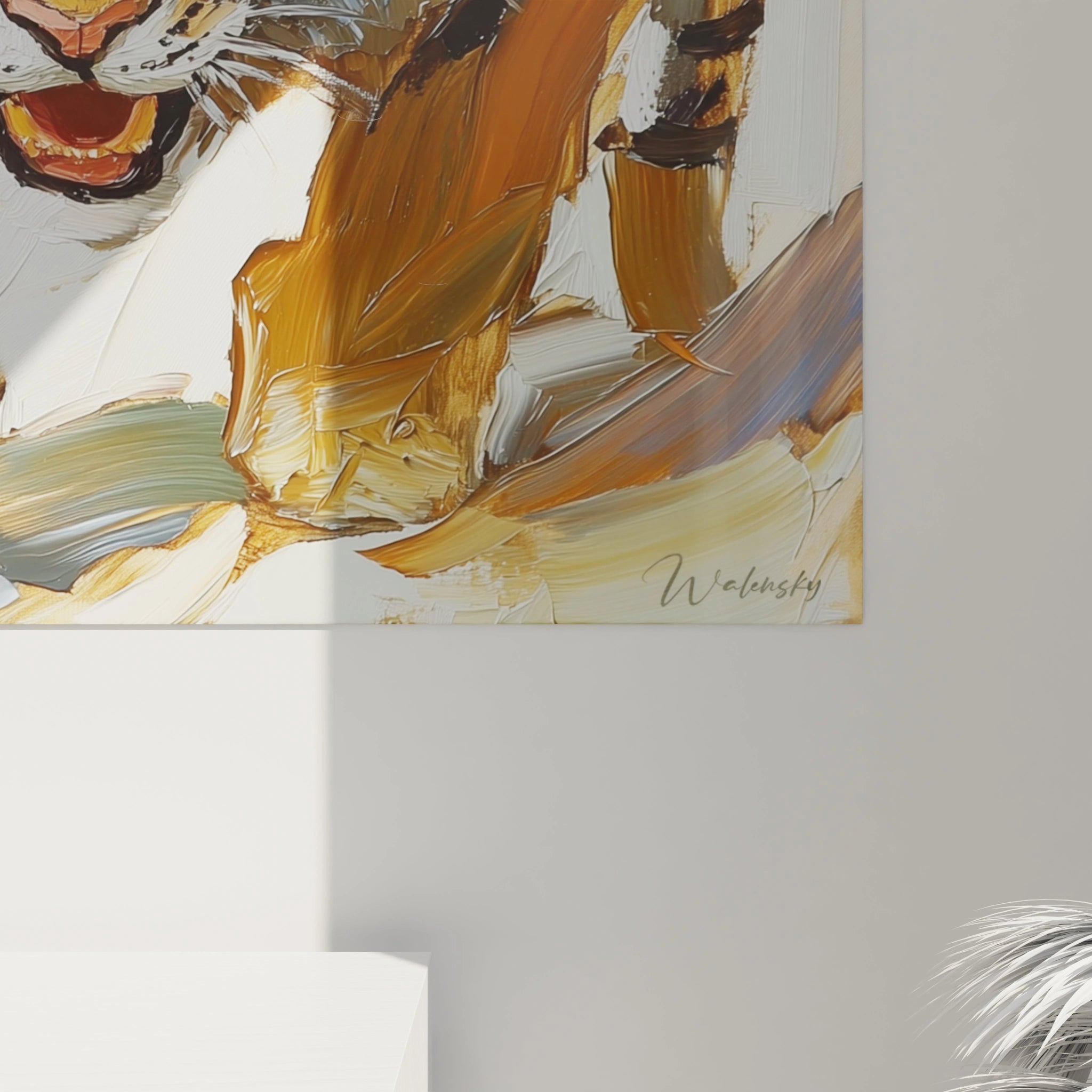 Tableau tigre peint à la main par Walensky avec coups de pinceau épais en tons chauds