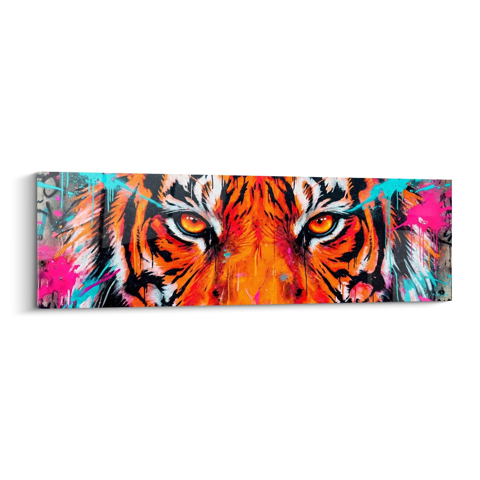 Tableau street art tigre orange rose fluo regard intense yeux dores eclaboussures couleur