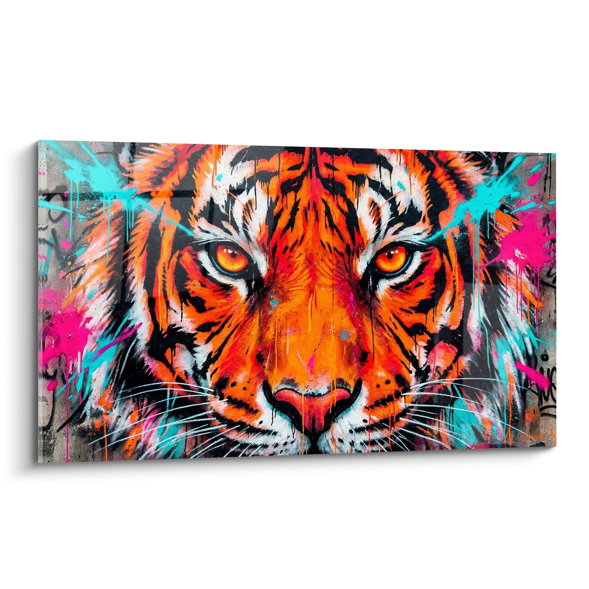 Tableau tigre street art couleurs vives orange turquoise regard intense style graffiti urbain contemporain