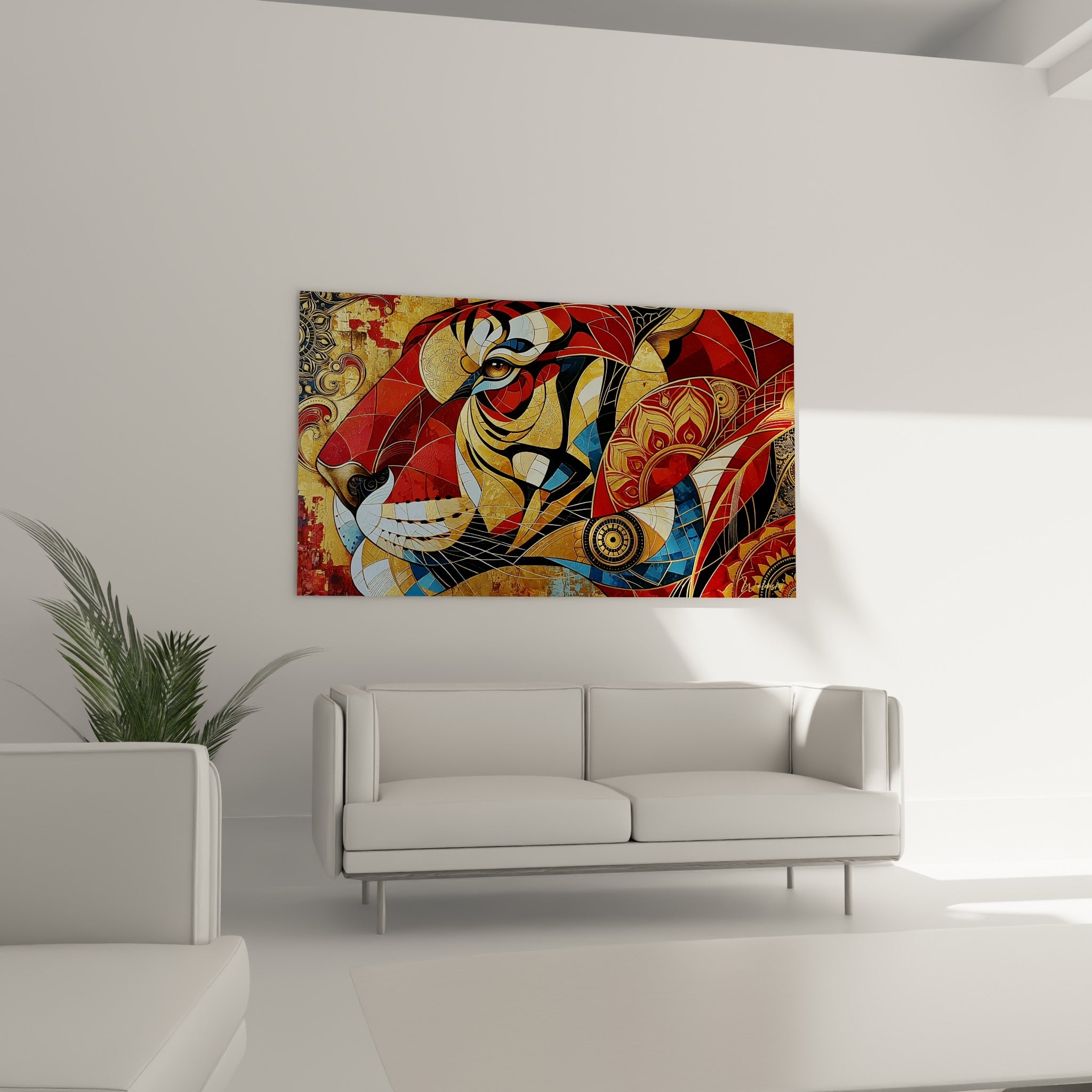 Visage de tigre stylisé aux tons terracotta et dorés, œil intense, au-dessus d'un canapé dans un salon lumineux