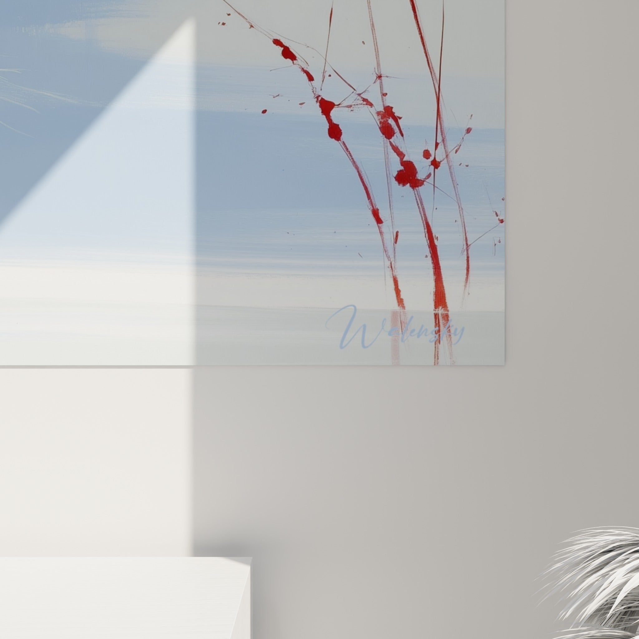 Détail des empâtements bleu pastel et des coulures rouges sur la toile encrée du tigre