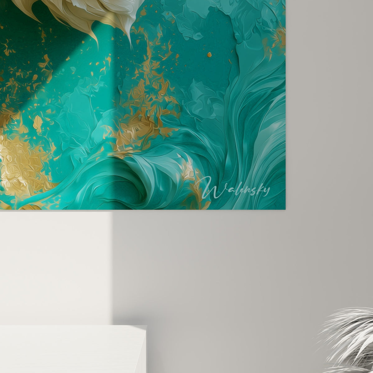 Matière sculptée turquoise, blanche et dorée révélant le grain texturé de l'impression du tigre