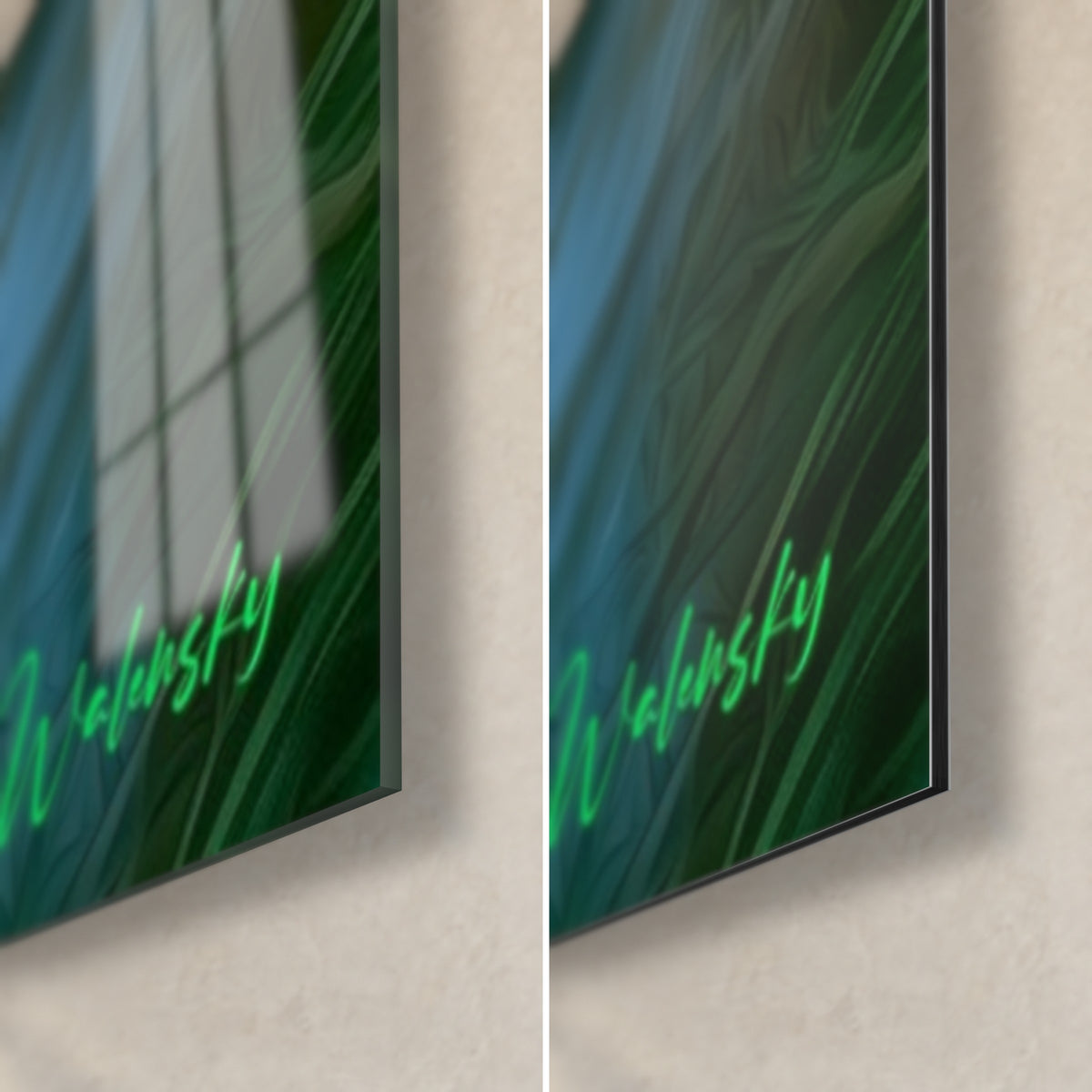 Tableau tigre au pelage vert sombre et signature vert fluo Walensky, coin bas droit : verre brillant et Dibond mat, tranche 3 mm